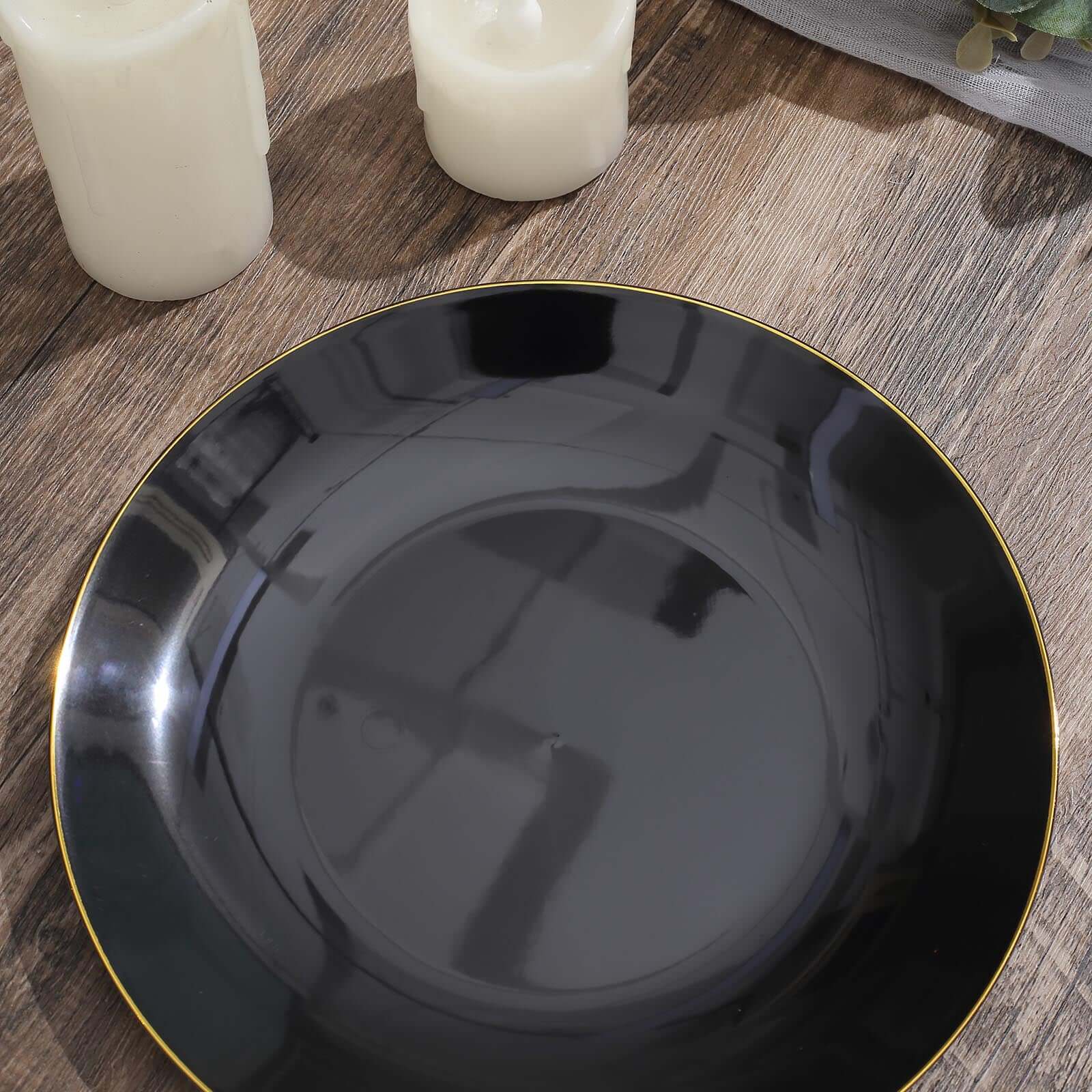 10-Pack Plastic 8" Round Dessert Plates in Black with Gold Rim - Glossy Disposable Appetizer Salad Plates