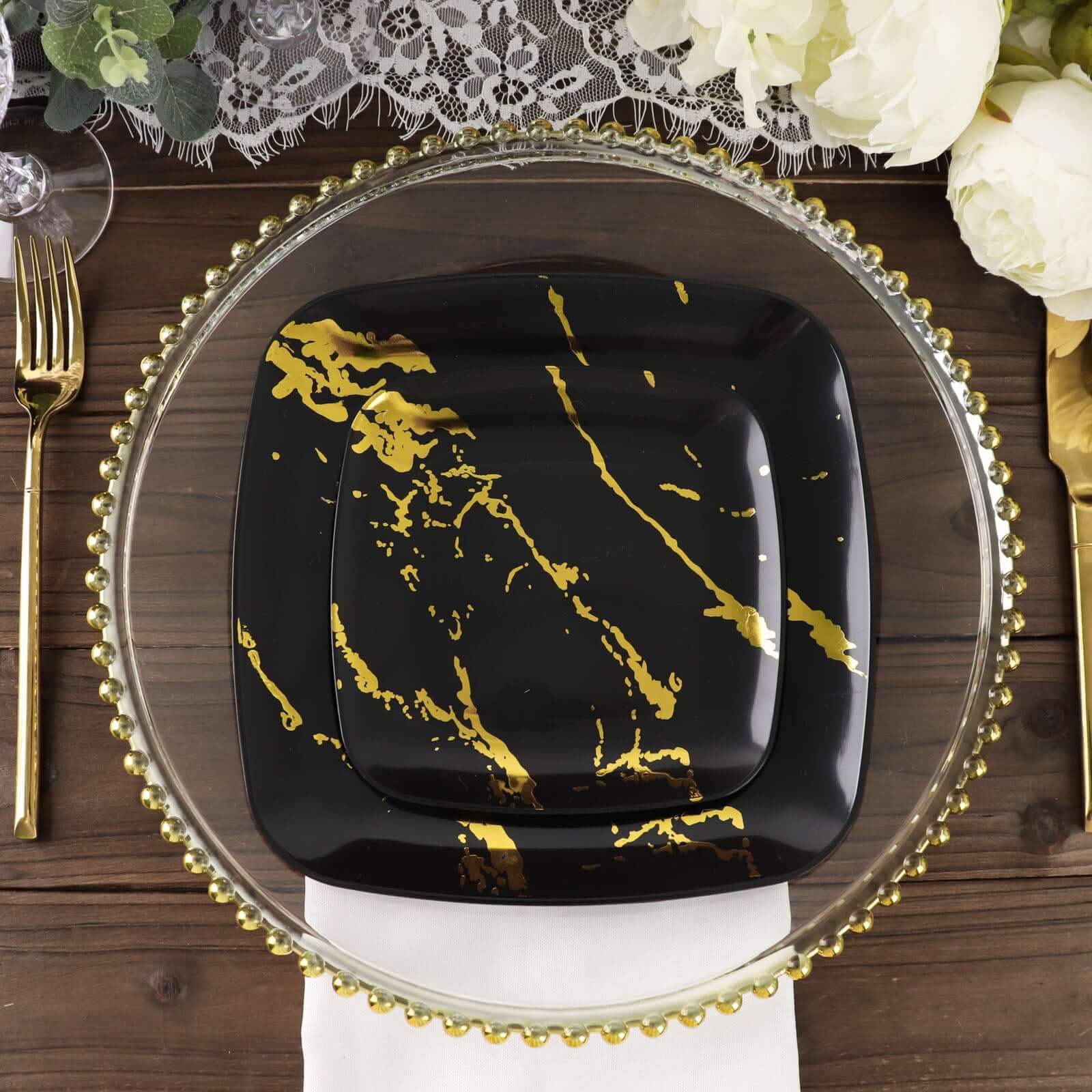 10-Pack Plastic 8" Square Dessert Plates in Black with Gold Marble Design - Disposable Appetizer Salad Party Plates