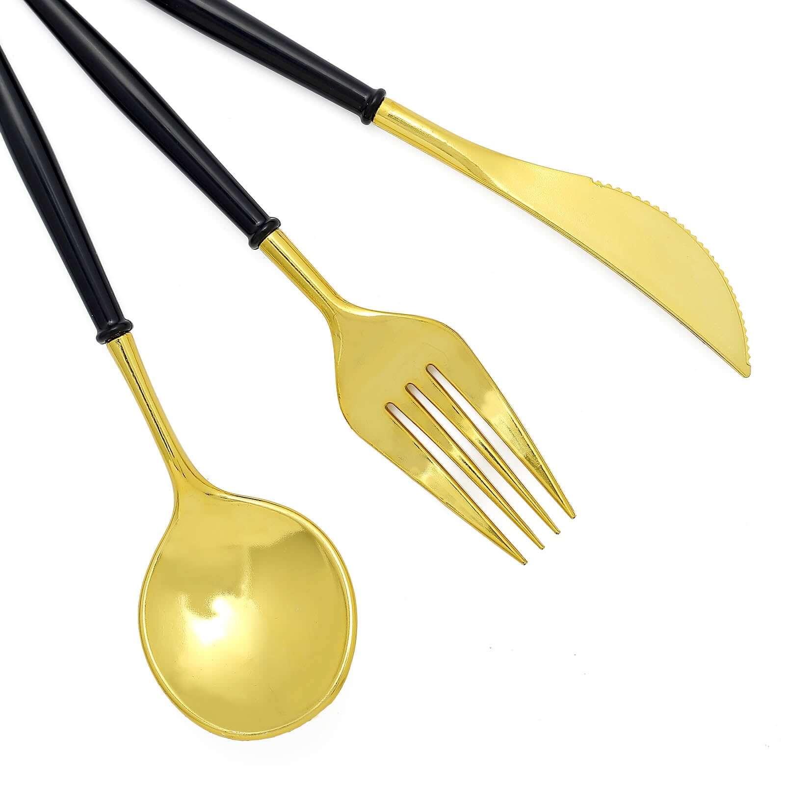 24-Pack Plastic Flatware Set in Metallic Gold with Black Handle - Heavy Duty Disposable Modern Silverware 8"
