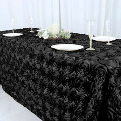 Satin 90"x132" Rectangle Tablecloth Black - Grandiose 3D Rosette Design with Seamless Finish for Graceful Gatherings