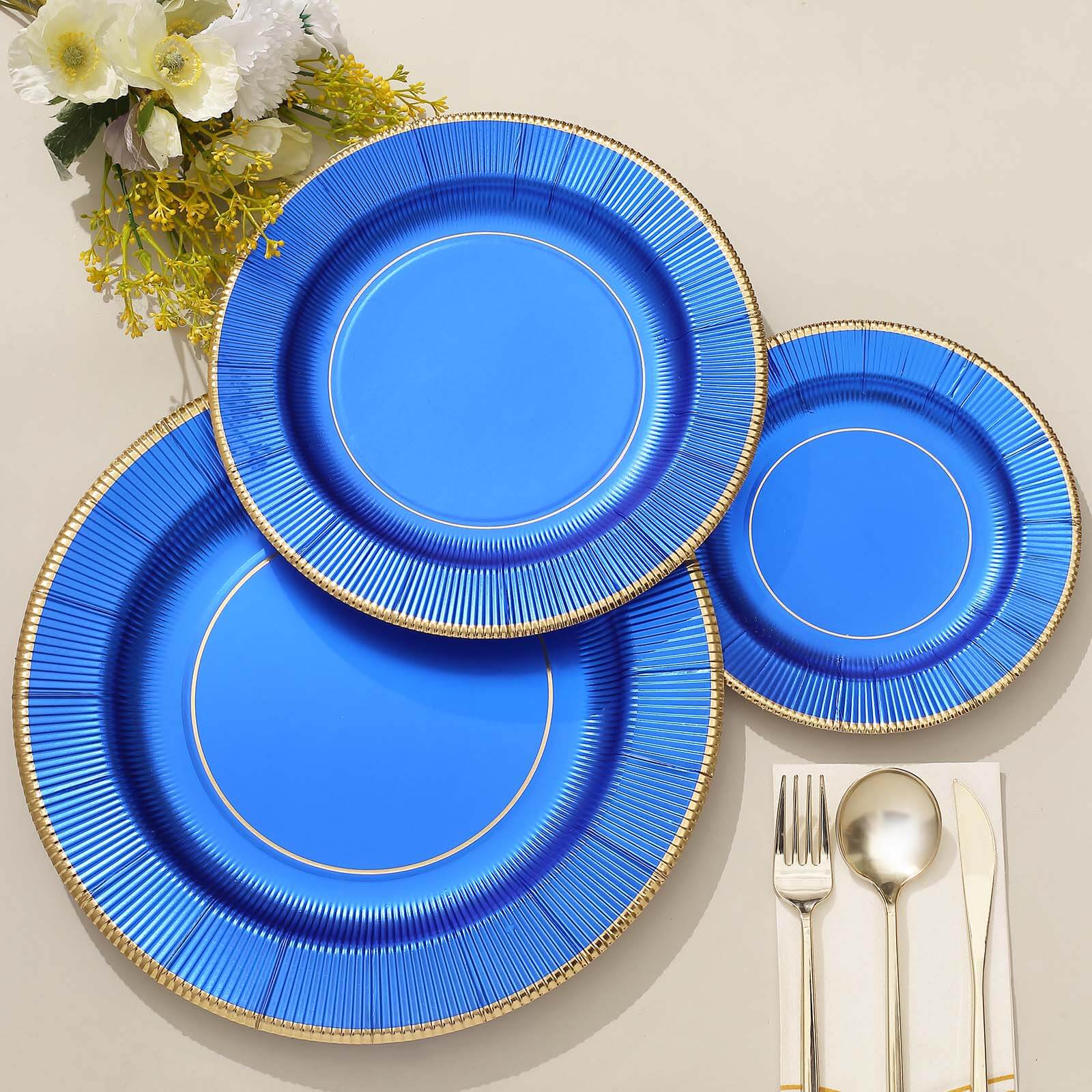25-Pack Paper 8" Round Dessert Plates in Royal Blue Sunray Design with Gold Rim - Disposable Heavy Duty 350GSM Appetizer Salad Plates