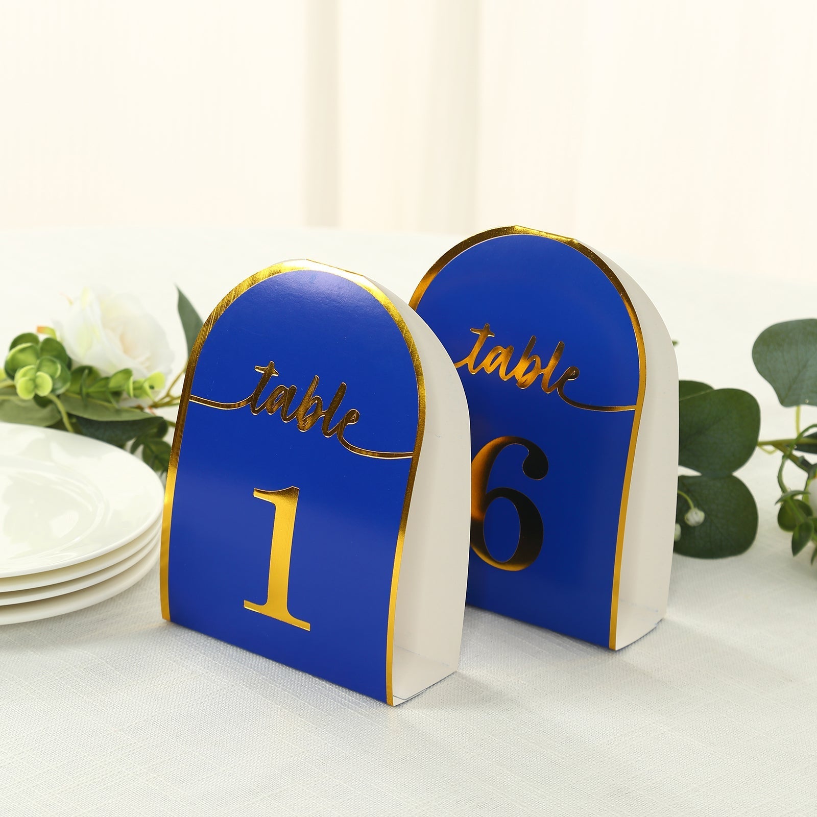 25-Pack 7" Disposable Table Numbers, Royal Blue Free Standing Double Sided Table Number Place Cards with Metallic Gold Foil Numbers 1-25