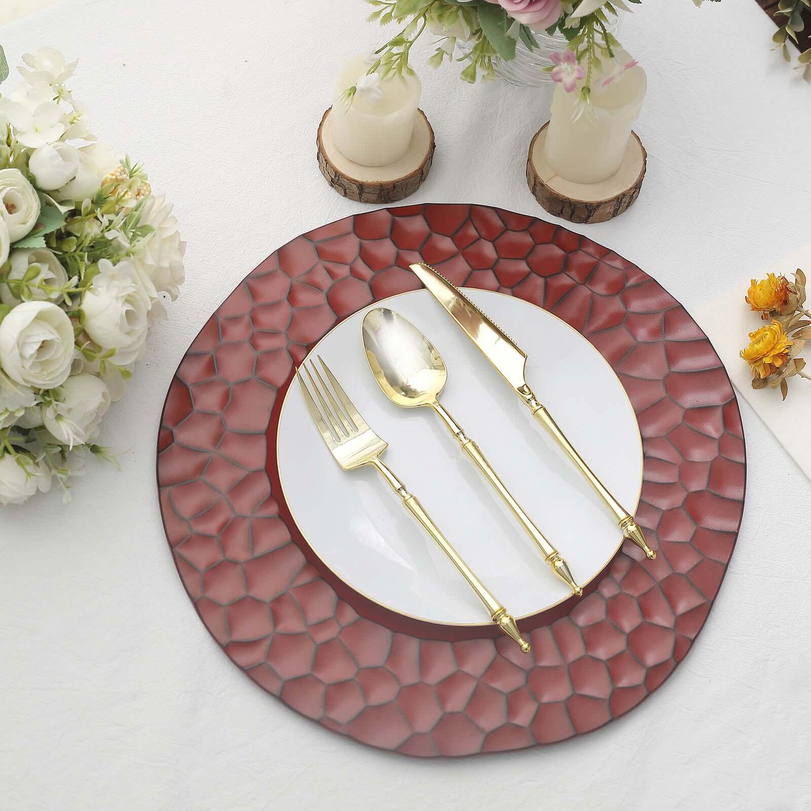6-Pack Round Charger Plates 13" in Burgundy with Hammered Rim, Matte Finish Modern Dinner Charger Tableware