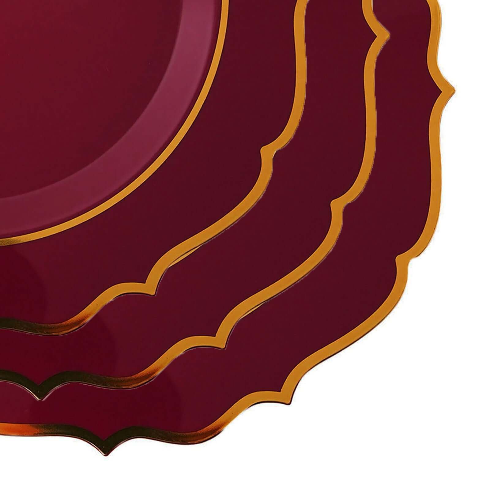 10-Pack Plastic 10" Round Dinner Plates in Burgundy with Gold Scalloped Rim - Disposable Party Plates
