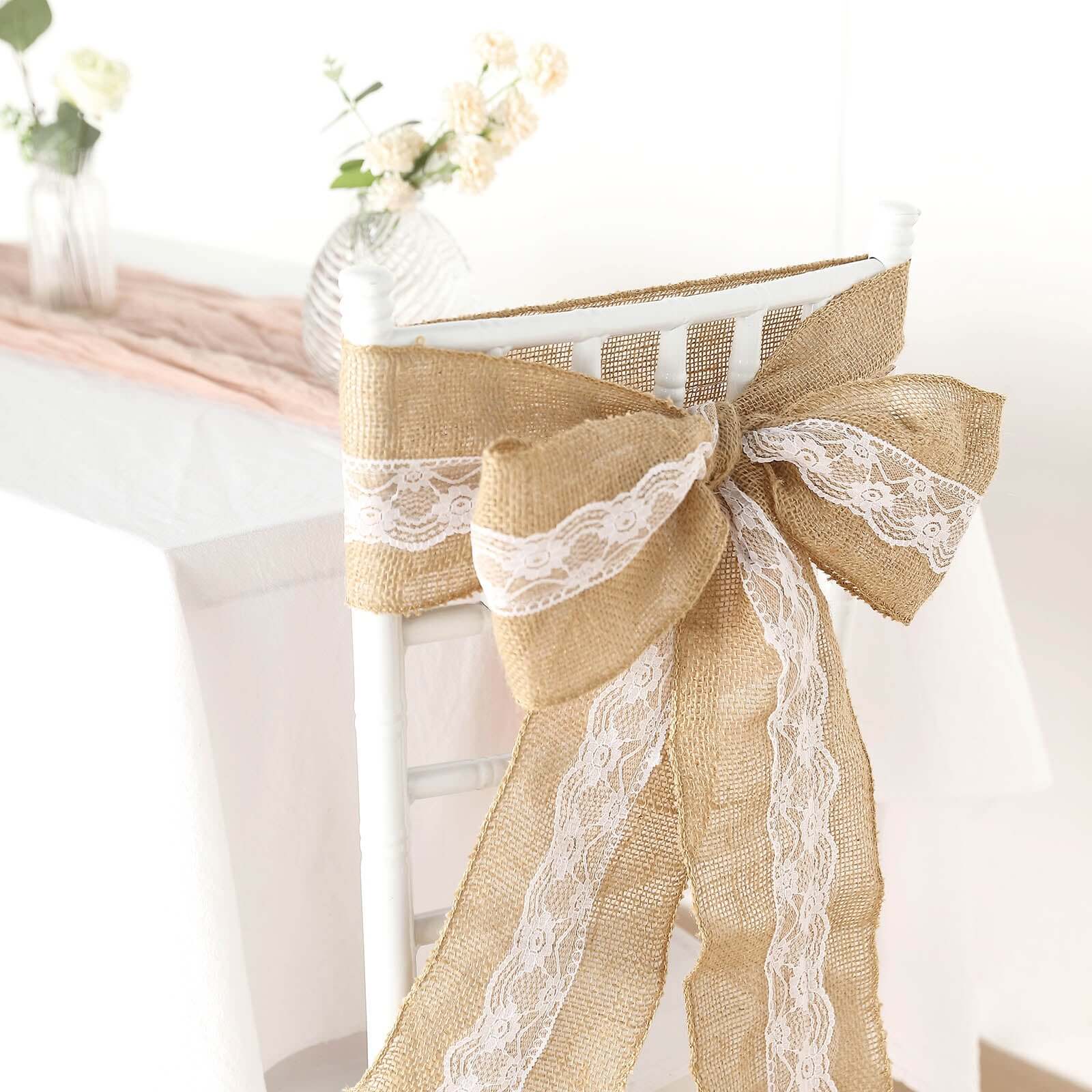 Natural Burlap Chair Sash 5"x108" with Lace Hessian Jute - Rustic Bow Design for Weddings & Gatherings