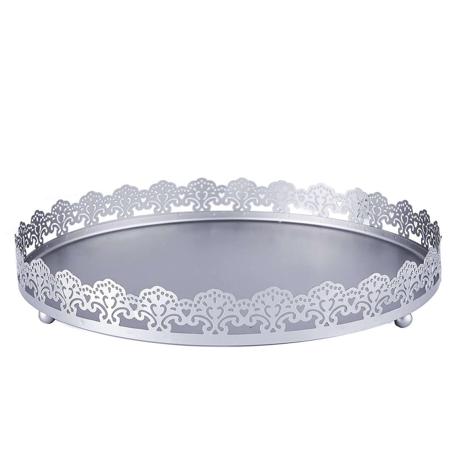 Metal Round Serving Tray 12" in Silver with Embellished Rims, Stylish Decorative Vanity Tray Centerpiece
