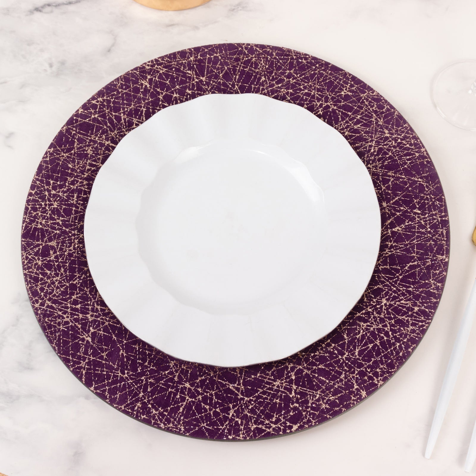 6-Pack Acrylic Round Charger Plates 13" in Purple with Gold Glitter Abstract Lines Pattern, Decorative Dinner Party Charger Tableware