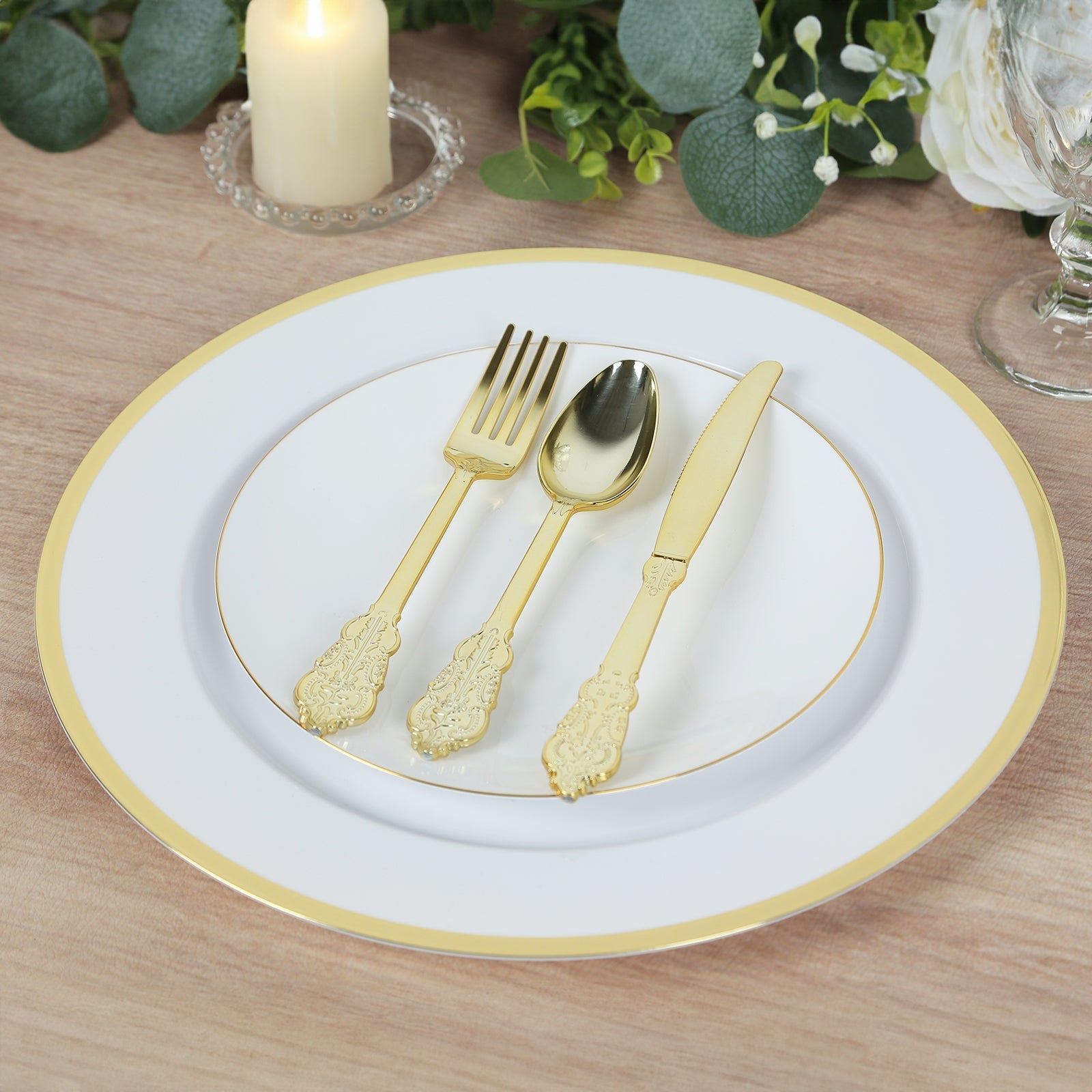 10-Pack Economy Plastic Round Charger Plates 12" in White with Wide Gold Rim, Decorative Dinner Party Serving Plates