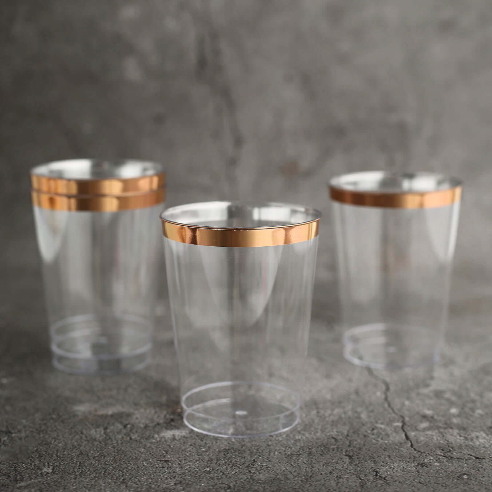 12-Pack Plastic Party Cups Clear with Rose Gold Rim - Durable Disposable Tumblers for Banquets & Special Occasions 10oz