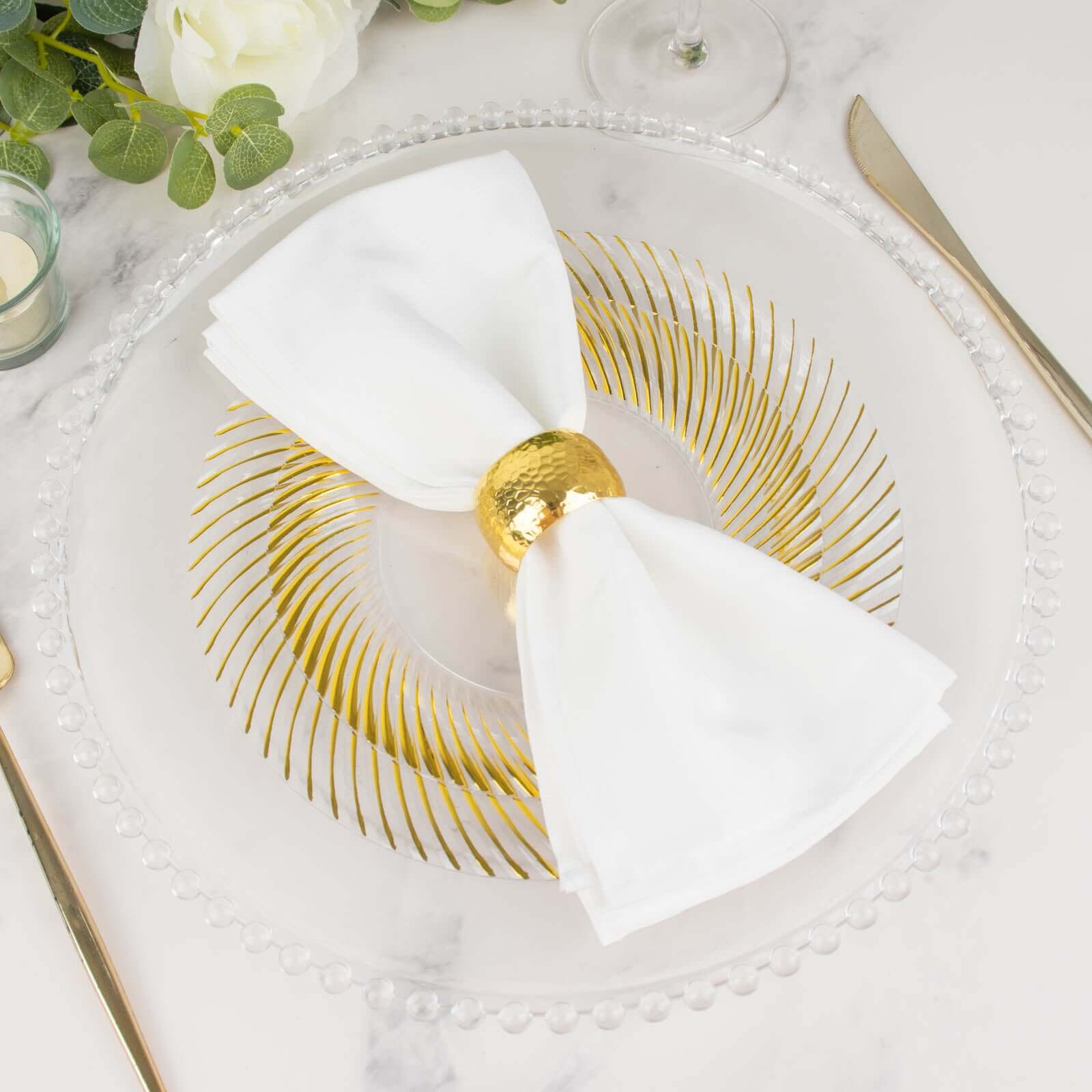 10-Pack Plastic 9" Round Dinner Plates Clear with Gold Swirl Rim - Disposable Party Plates for Classy Events & Banquets