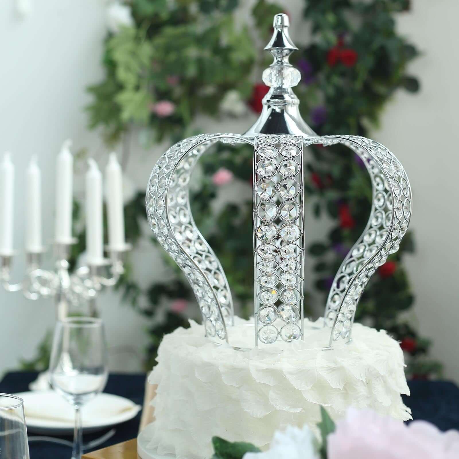 Crystal-Bead Royal Crown Cake Topper Metallic Silver - Dazzling Cake Centerpiece Decor for Luxurious Birthdays Receptions & Romantic Celebrations 14"