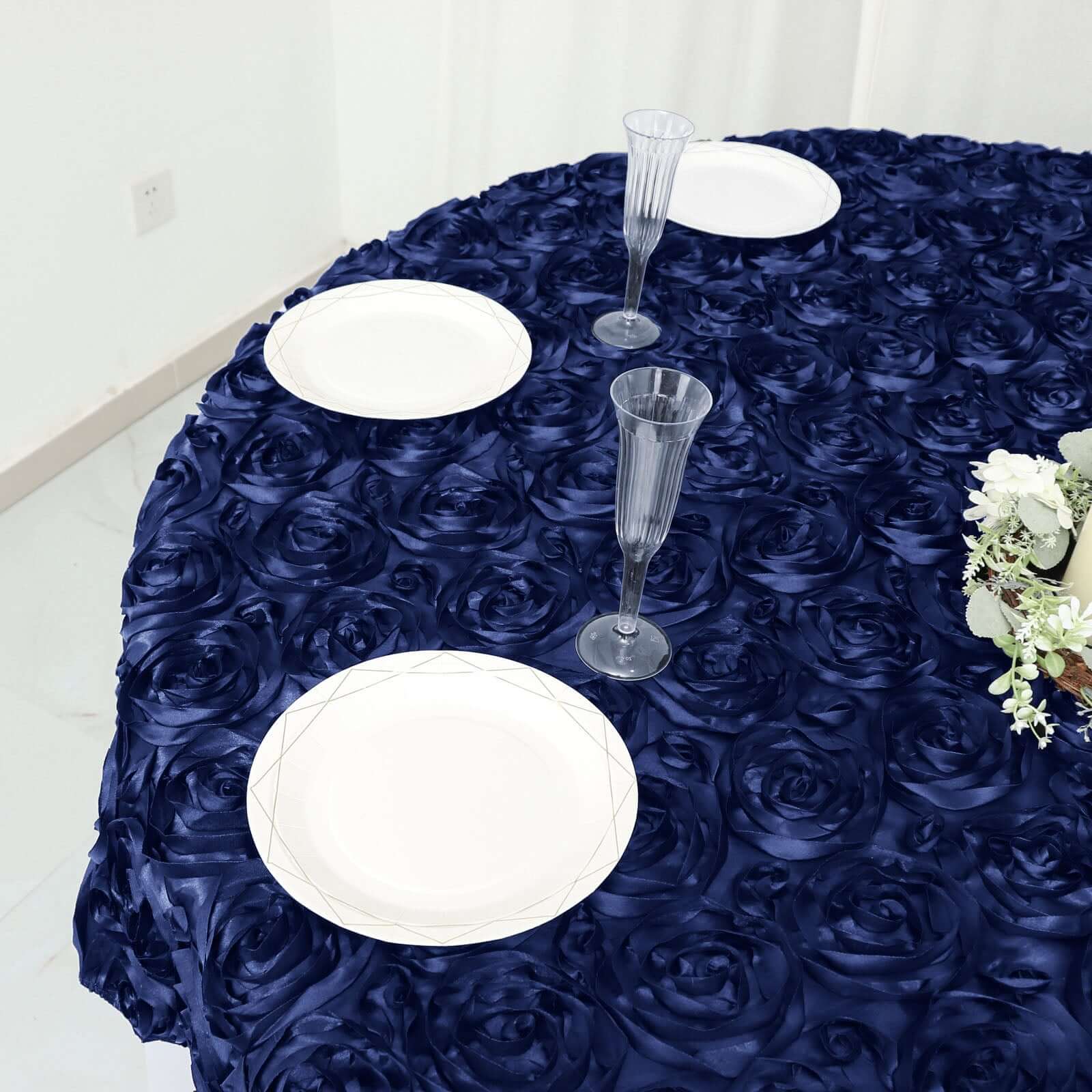 Satin 72"x72" Table Overlay Square Tablecloth Navy Blue - 3D Rosette Table Cover