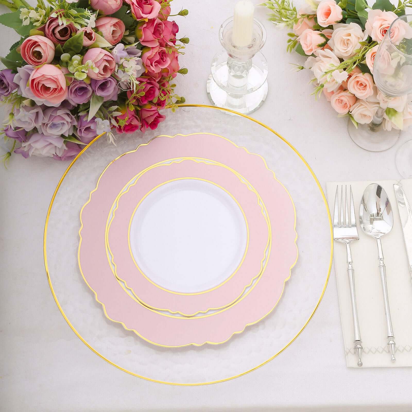 10-Pack Plastic 10" Round Dinner Plates in White with Blush Blossom Design & Gold Edging - Disposable Party Plates