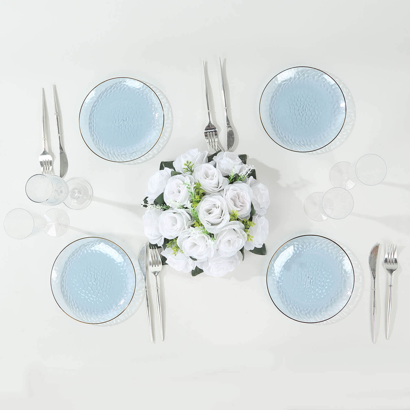 10-Pack Plastic 7" Round Dessert Appetizer Plates in Transparent Dusty Blue Hammered Design with Gold Rim - Modern Disposable Salad Plates