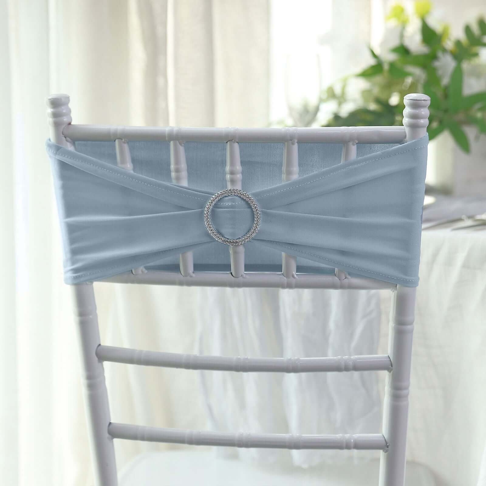 5 Pack Stretch Spandex Chair Sashes Dusty Blue - Reusable Chair Bands with Silver Diamond Ring Slide Buckle 5"x14"