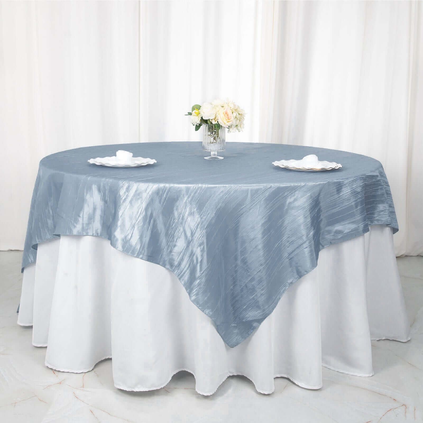 Taffeta 90"x90" Table Overlay Square Tablecloth Dusty Blue - Accordion Crinkle Table Cover