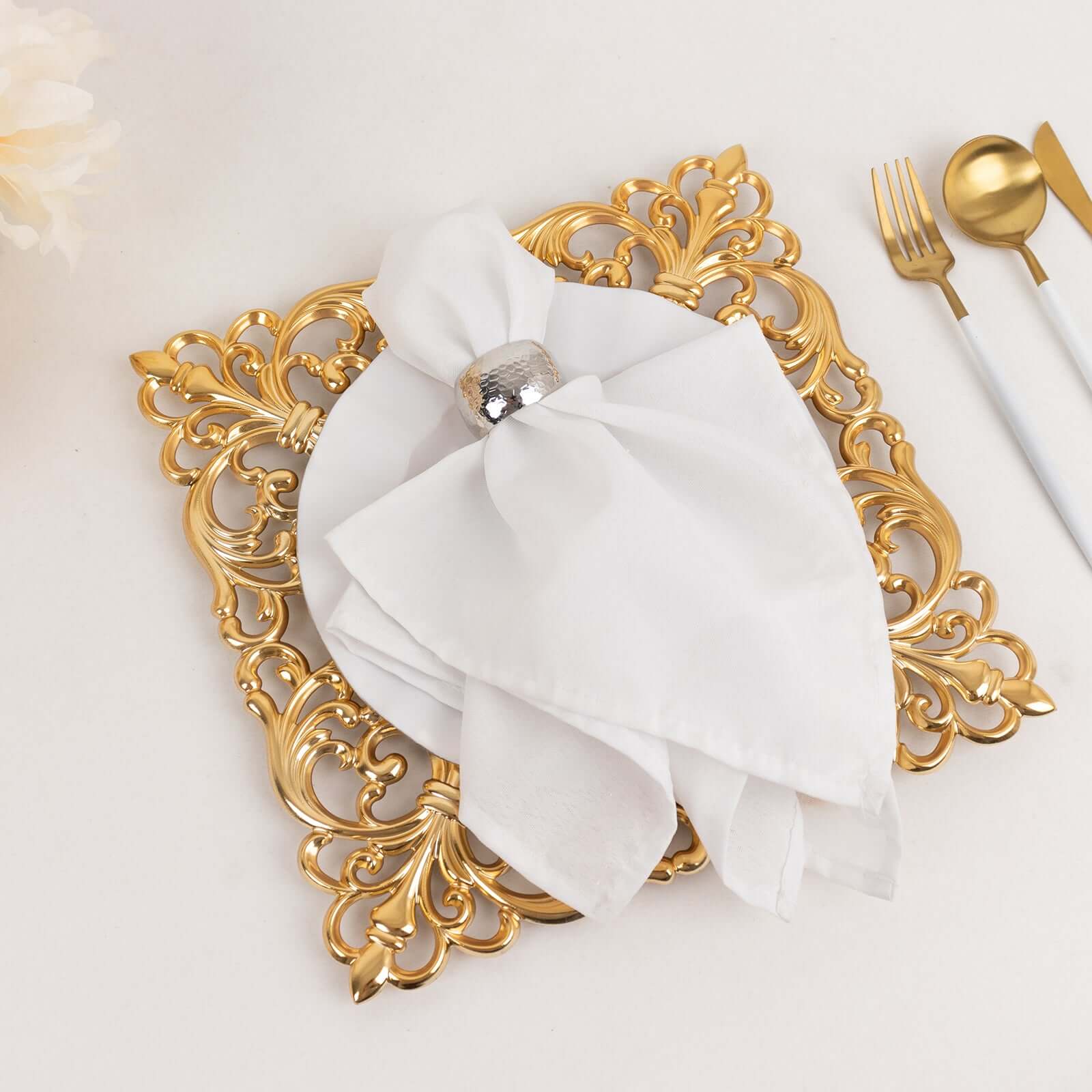 6-Pack Acrylic Square Charger Plates 12" in Gold with Hollow Lace Border, Event Tabletop Decorative Charger Tableware