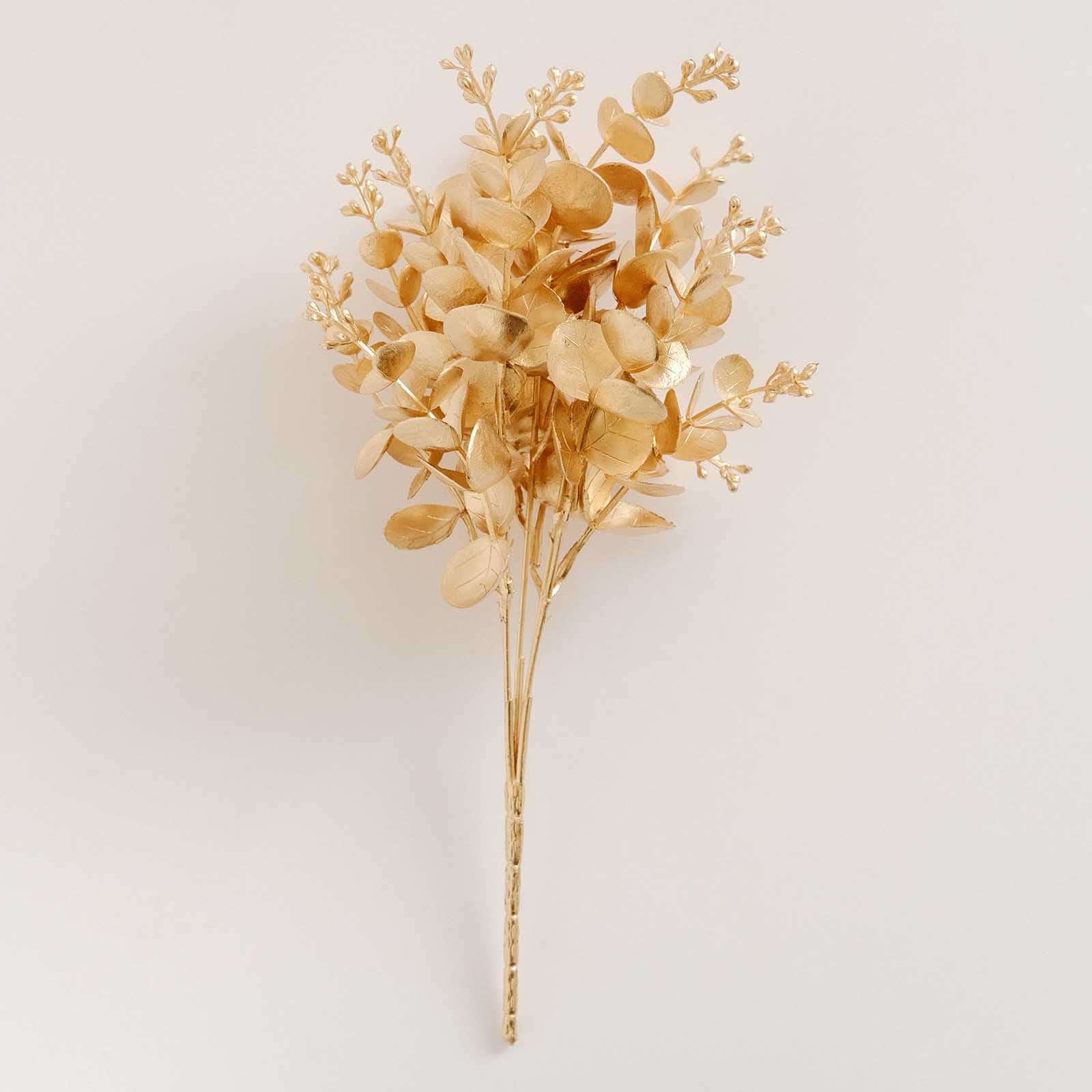 4-Pack Artificial Eucalyptus Leaves Decor Metallic Gold - Vibrant Faux Plant Spray Bush for Bridal Bouquets Floral Arrangements & Event Styling 12"