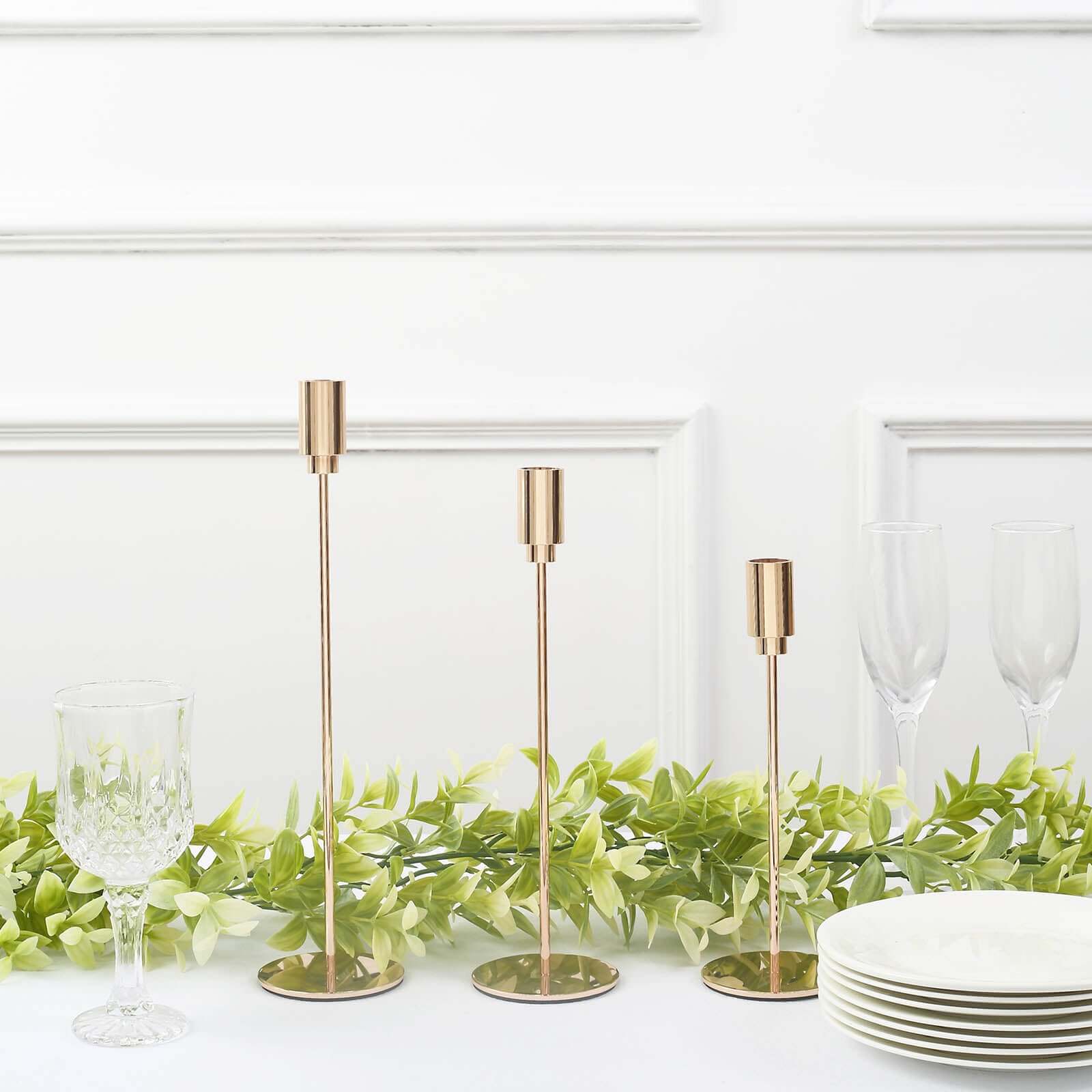 Set of 3 Taper Candle Stands Gold Metal Decorative Round Base Design - Wedding Table Accents 9", 10", 13"