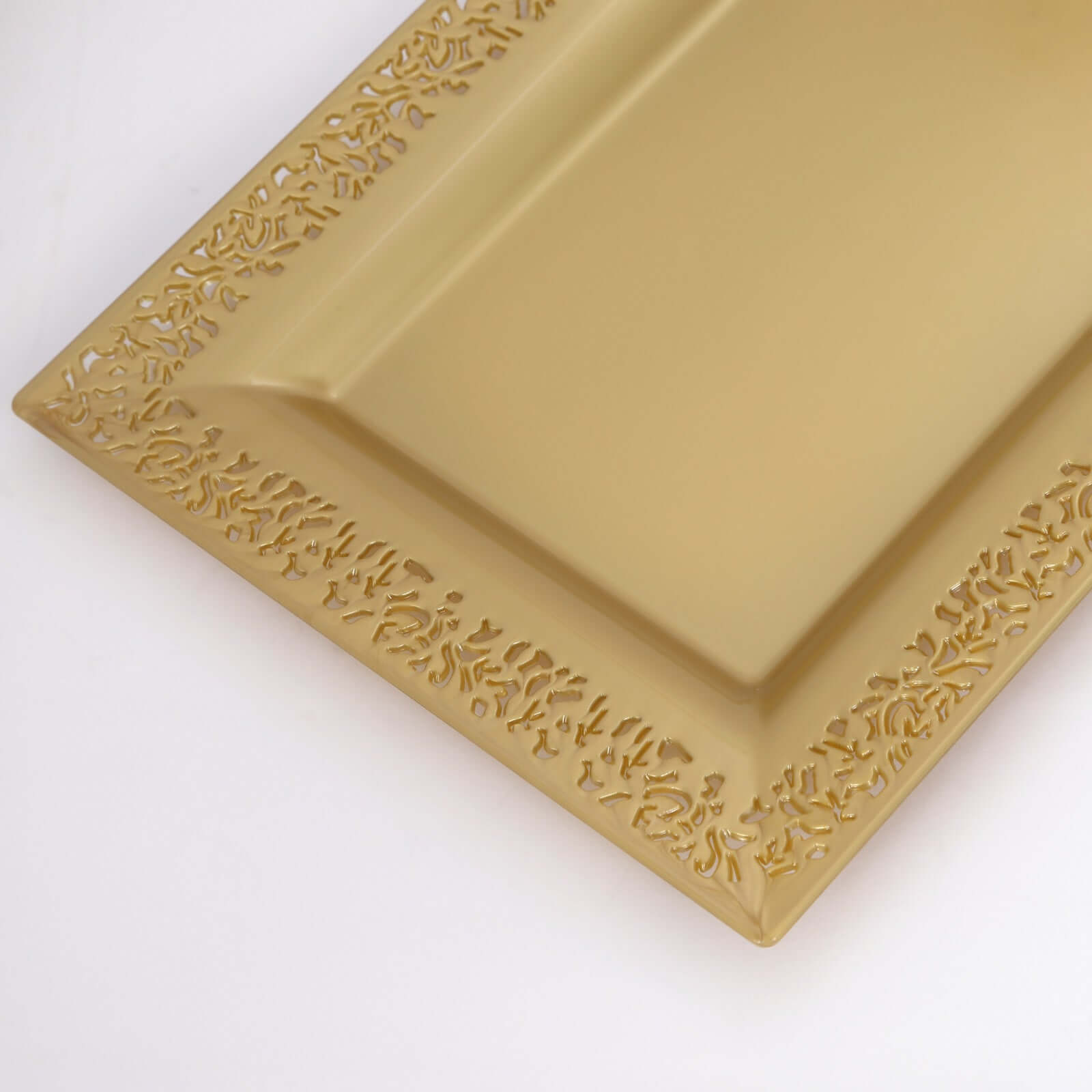 4-Pack Plastic 14" Rectangle Serving Trays Gold with Lace Rim - Chic Decorative Table Tray Platters for Buffets Banquets Dinner Parties