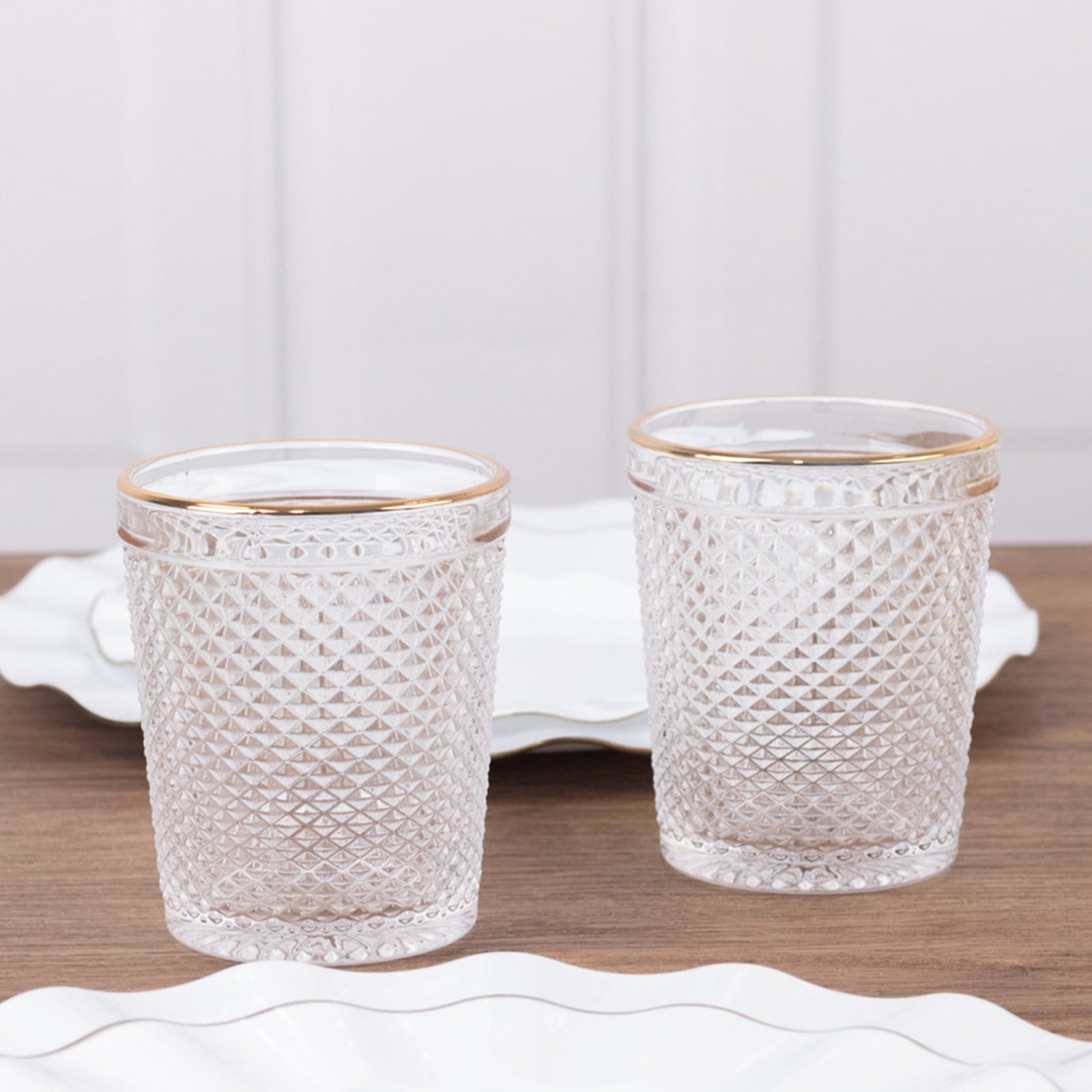 6-Pack Tumbler Glasses Clear Hobnail Design with Gold Rim - Embossed Diamond Pattern Glassware for Drinks & Parties 11oz 4"