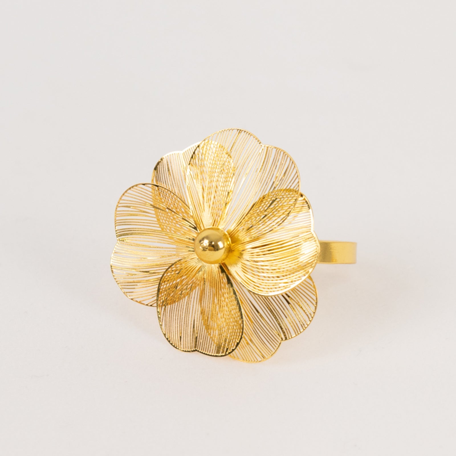 4 Pack Gold Metal Jasmine Flower Napkin Holders with Pearl Center, Decorative Floral Napkin Ring Bands - 2"