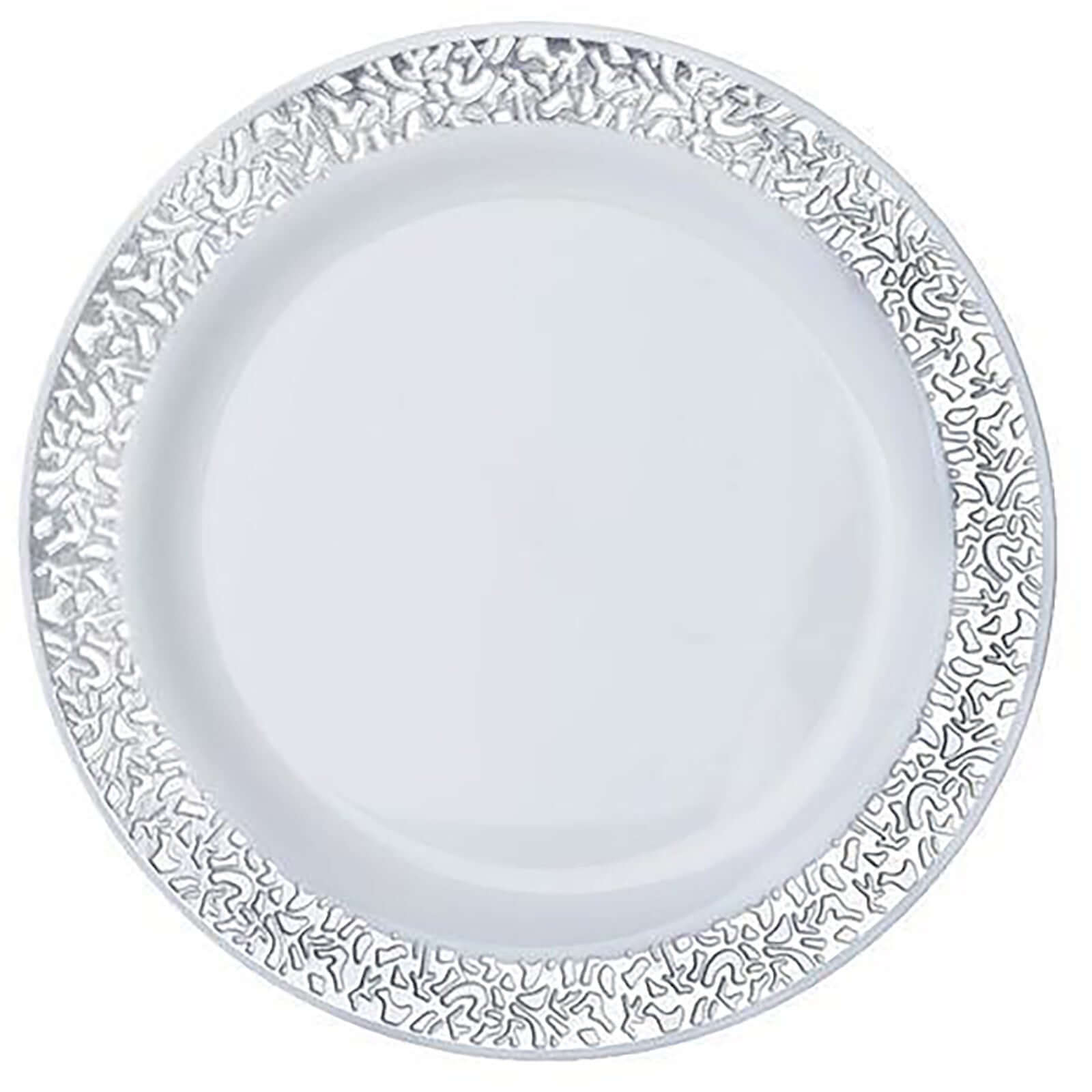 10-Pack Dessert Plates Lace Rim Design White with Silver - Plastic Disposable Appetizer Plates for Events 6"