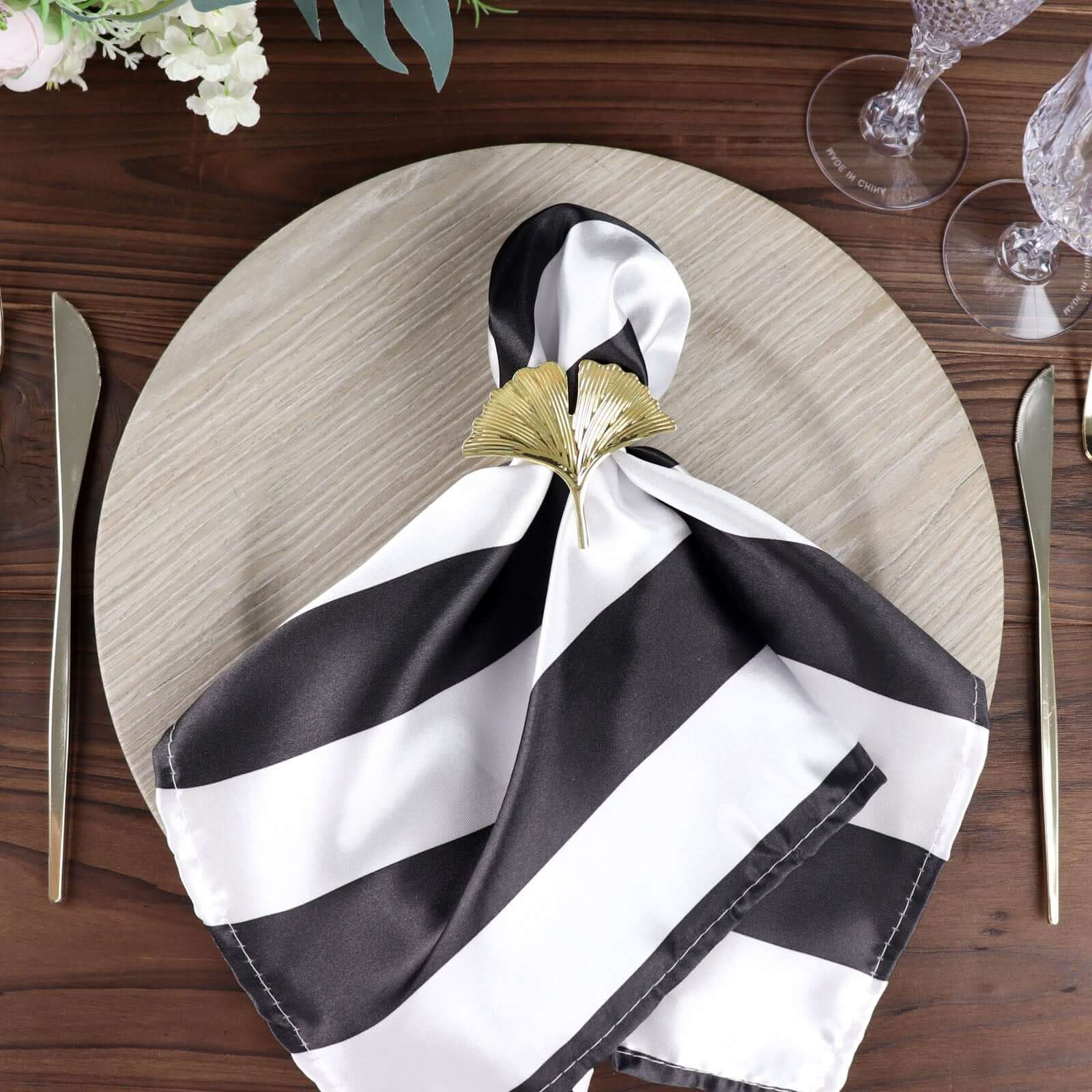 5 Pack Satin 20"x20" Napkins Black/White - Striped Reusable Dinner Napkins for Formal & Casual Dining