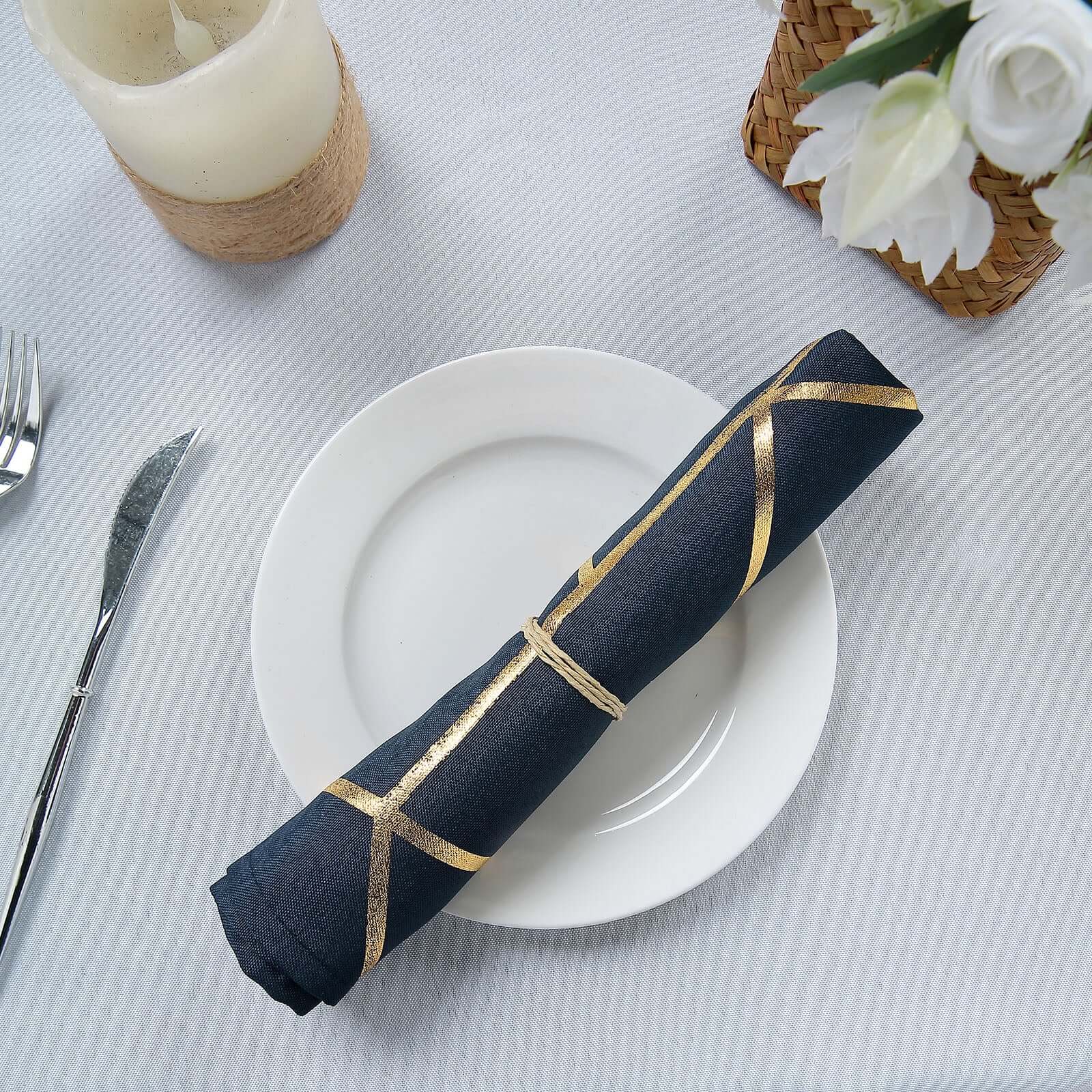 5 Pack Polyester 20"x20" Napkins Navy Blue with Gold Geometric Foil Pattern - Modern Reusable Dinner Napkins