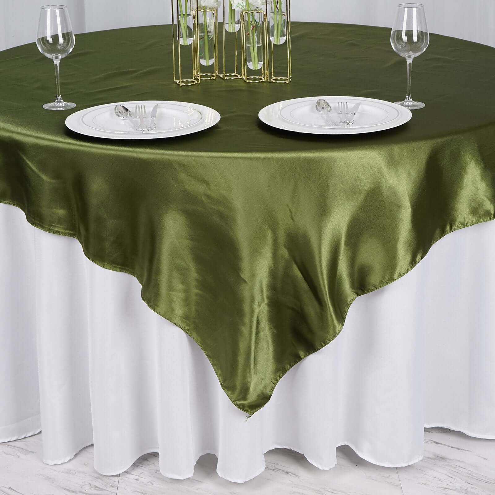 Satin 72"x72" Table Overlay Square Tablecloth Olive Green - Smooth Finish Table Cover