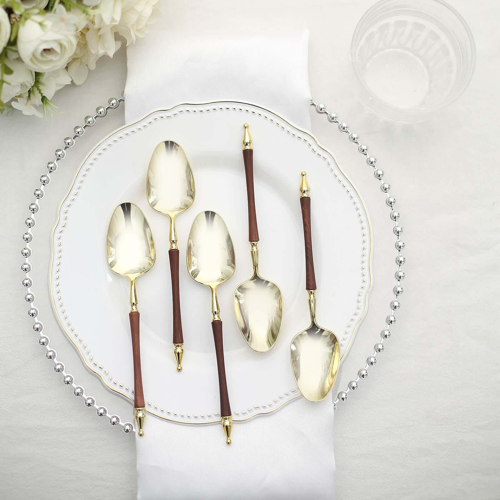 24-Pack Plastic Dessert Spoons with Roman Column Handle Gold/Brown - European Style Disposable Utensils 6"