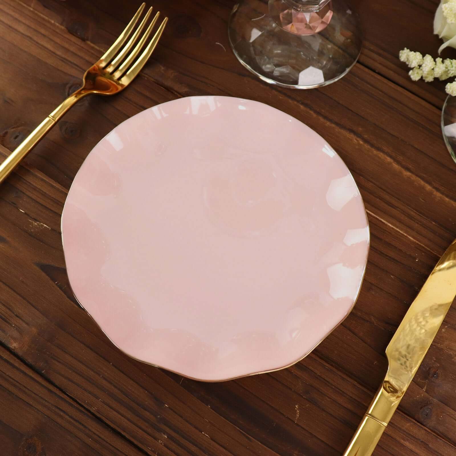 10-Pack Plastic Round 6" Dessert Plates in Blush Ruffled Rim with Gold Edging - Sturdy Disposable Salad Appetizer Dinnerware
