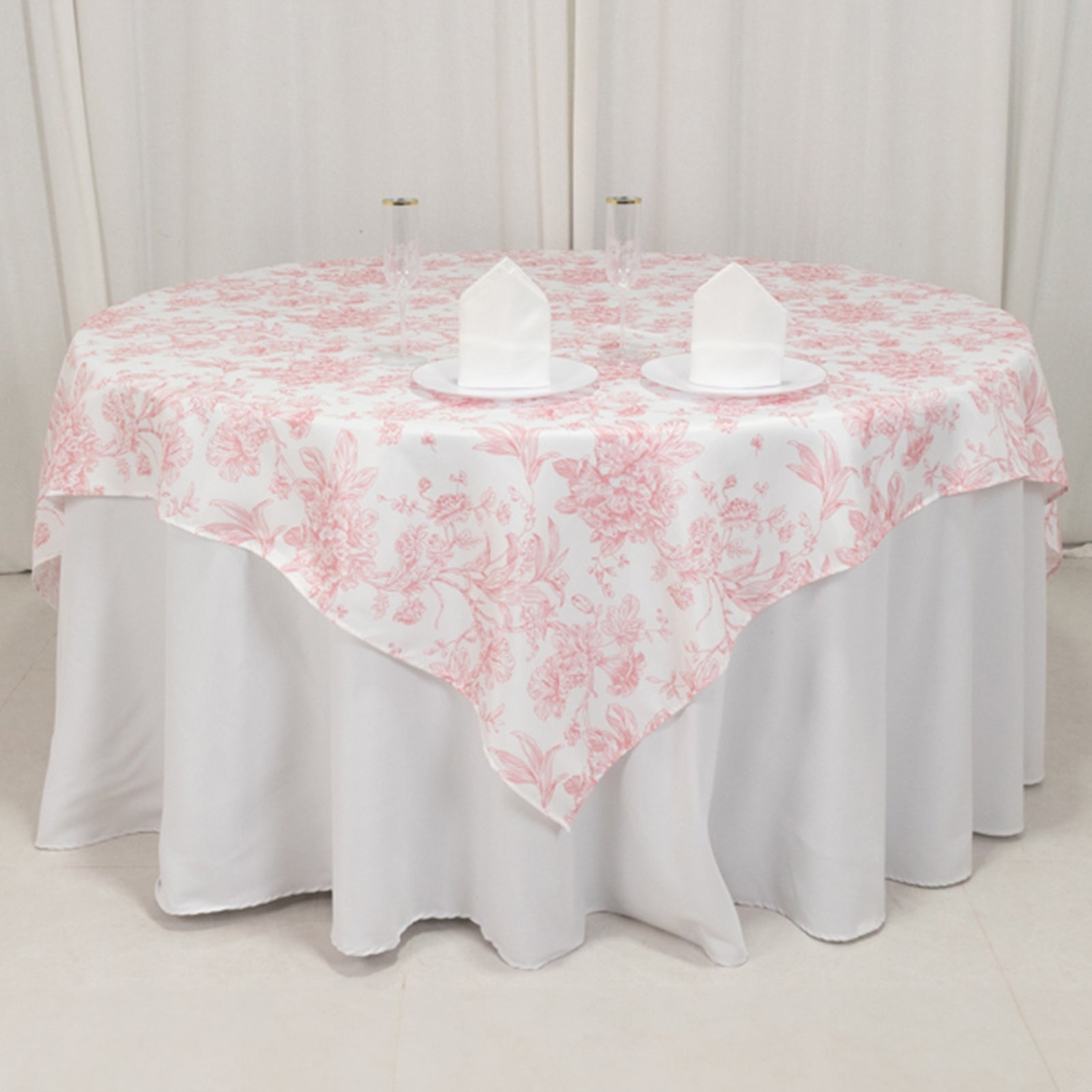 Polyester 70"x70" Table Overlay White - Pink French Toile Pattern for Refined Gatherings
