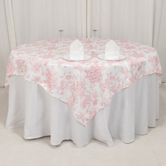 Polyester 70"x70" Table Overlay White - Pink French Toile Pattern for Refined Gatherings