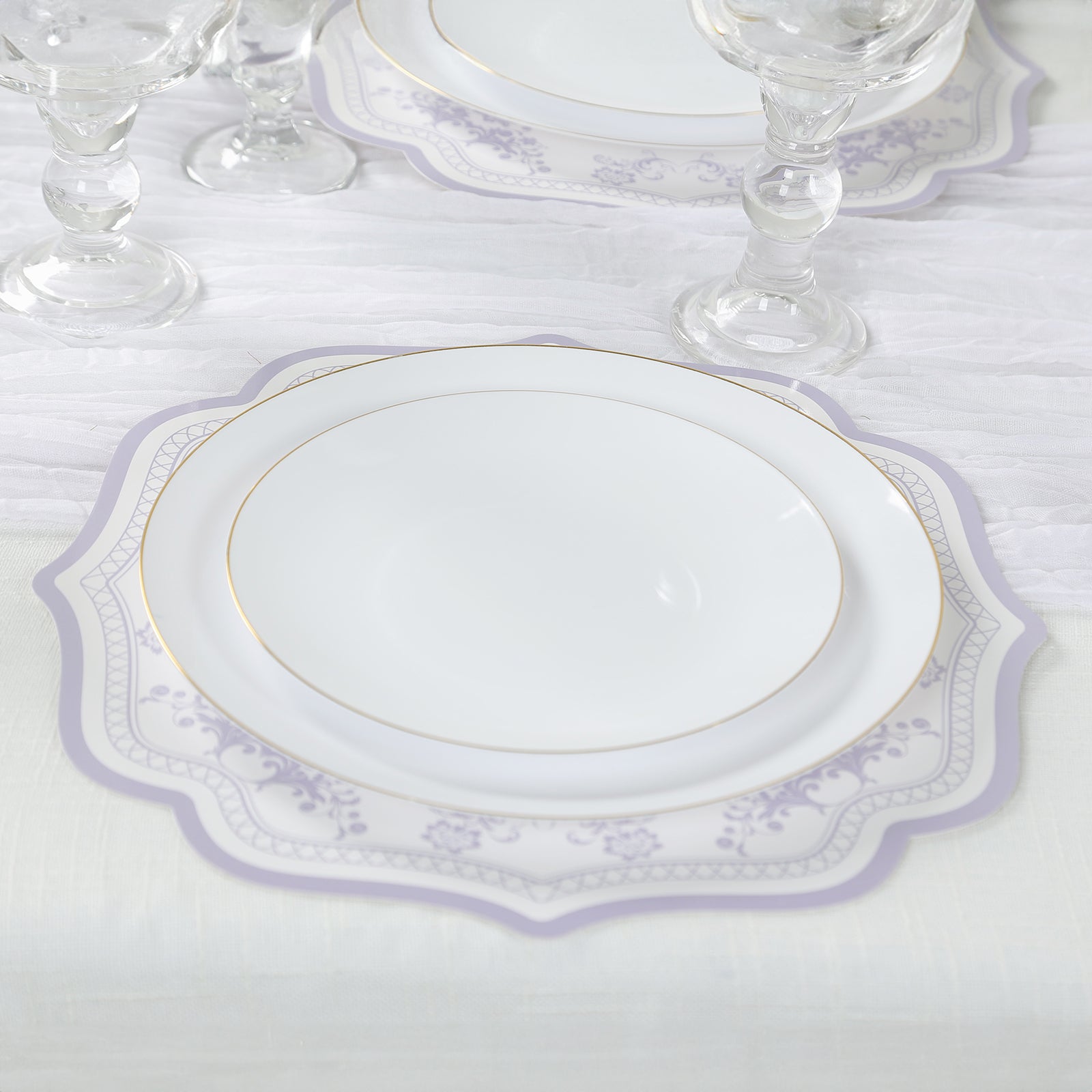 10-Pack Disposable Table Placemats 13" Round Placemats in White with Lavender Damask Floral Pattern & Scalloped Rim - 400GSM Cardboard Placemats for Stylish Table Setting
