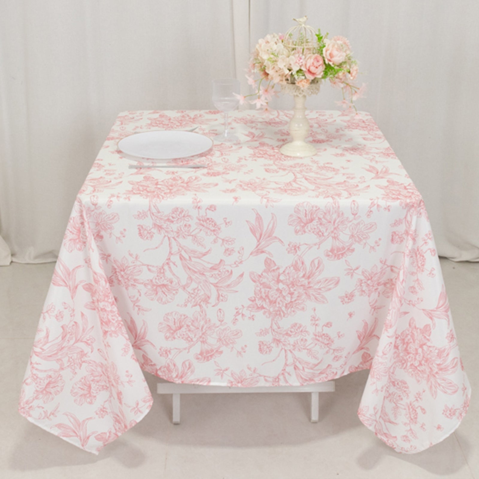 Polyester 70"x70" Square Tablecloth White - Pink French Toile Pattern for Elegant Occasions