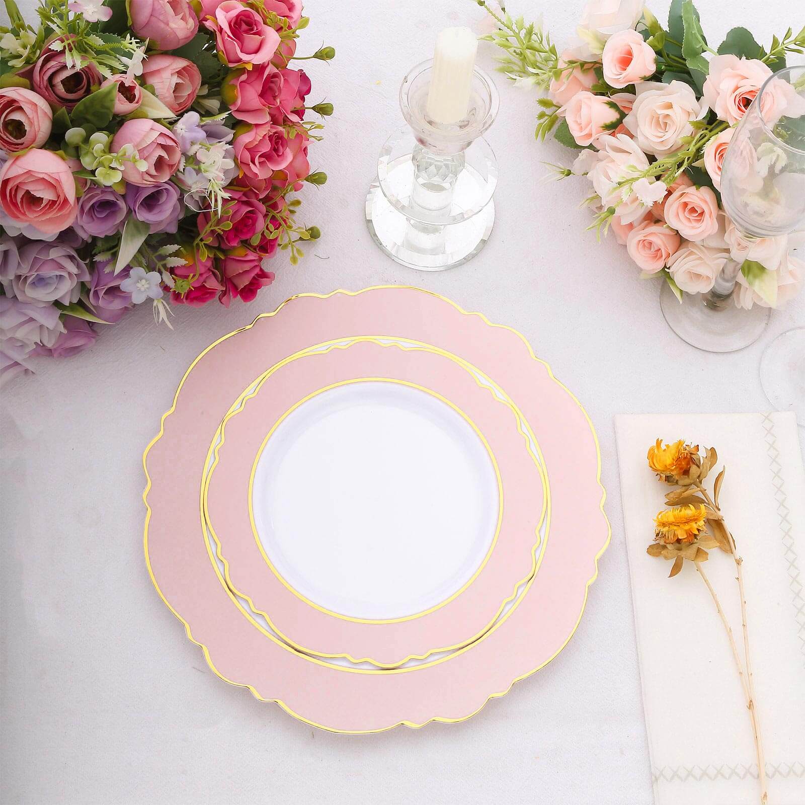 10-Pack Plastic 8" Round Dessert Plates in White with Blush Blossom Design & Gold Edging - Disposable Salad Appetizer Plates