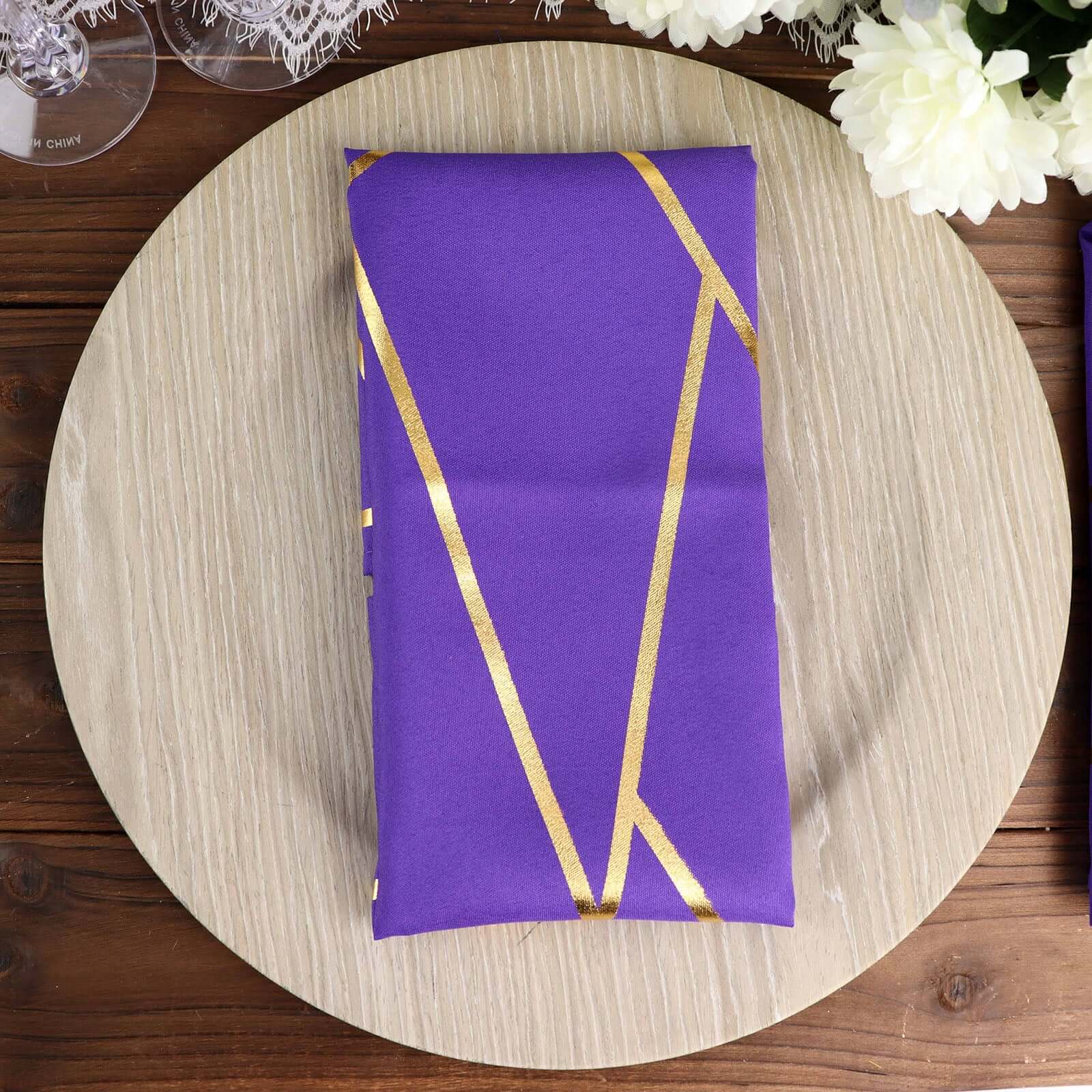 5 Pack Polyester 20"x20" Napkins Purple with Gold Geometric Foil Pattern - Modern Reusable Dinner Napkins