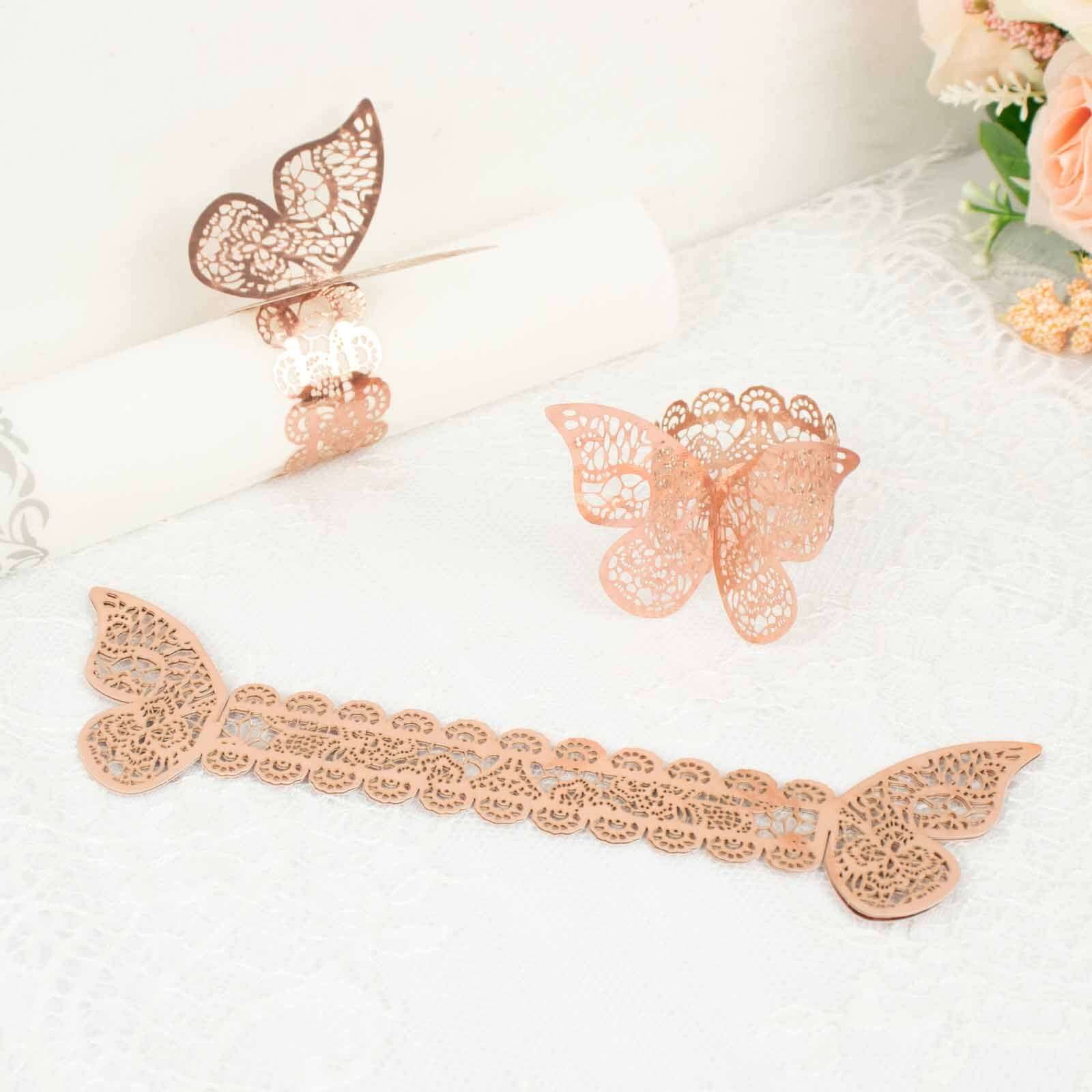 12-Pack Paper Napkin Rings Laser Cut Butterfly Metallic Rose Gold - Decorative Serviette Holders