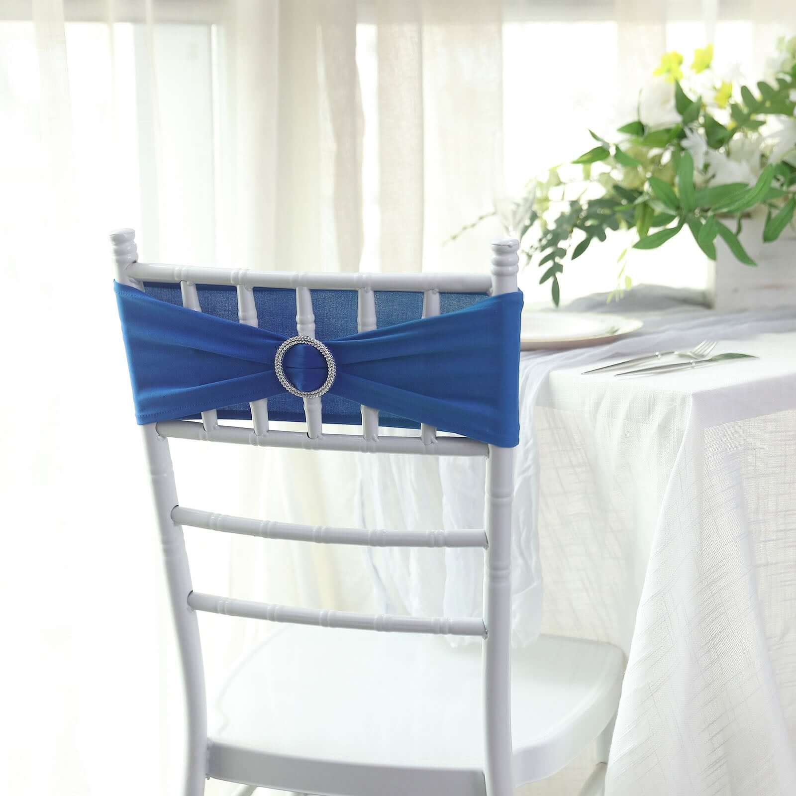 5 Pack Stretch Spandex Chair Sashes Royal Blue - Reusable Chair Bands with Silver Diamond Ring Slide Buckle 5"x14"