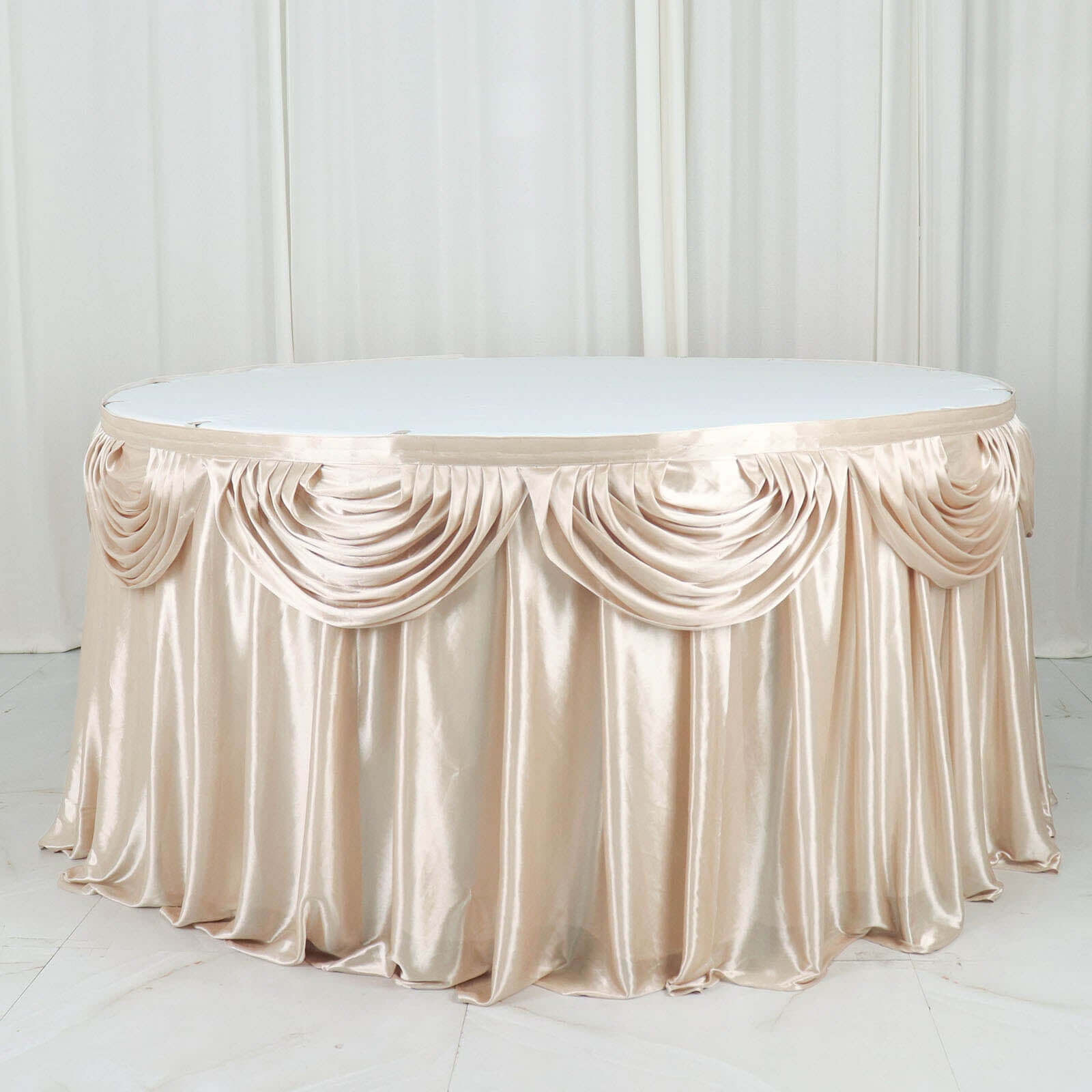 Satin 14ft Table Skirt Beige - Pleated Double Drape Table Cover
