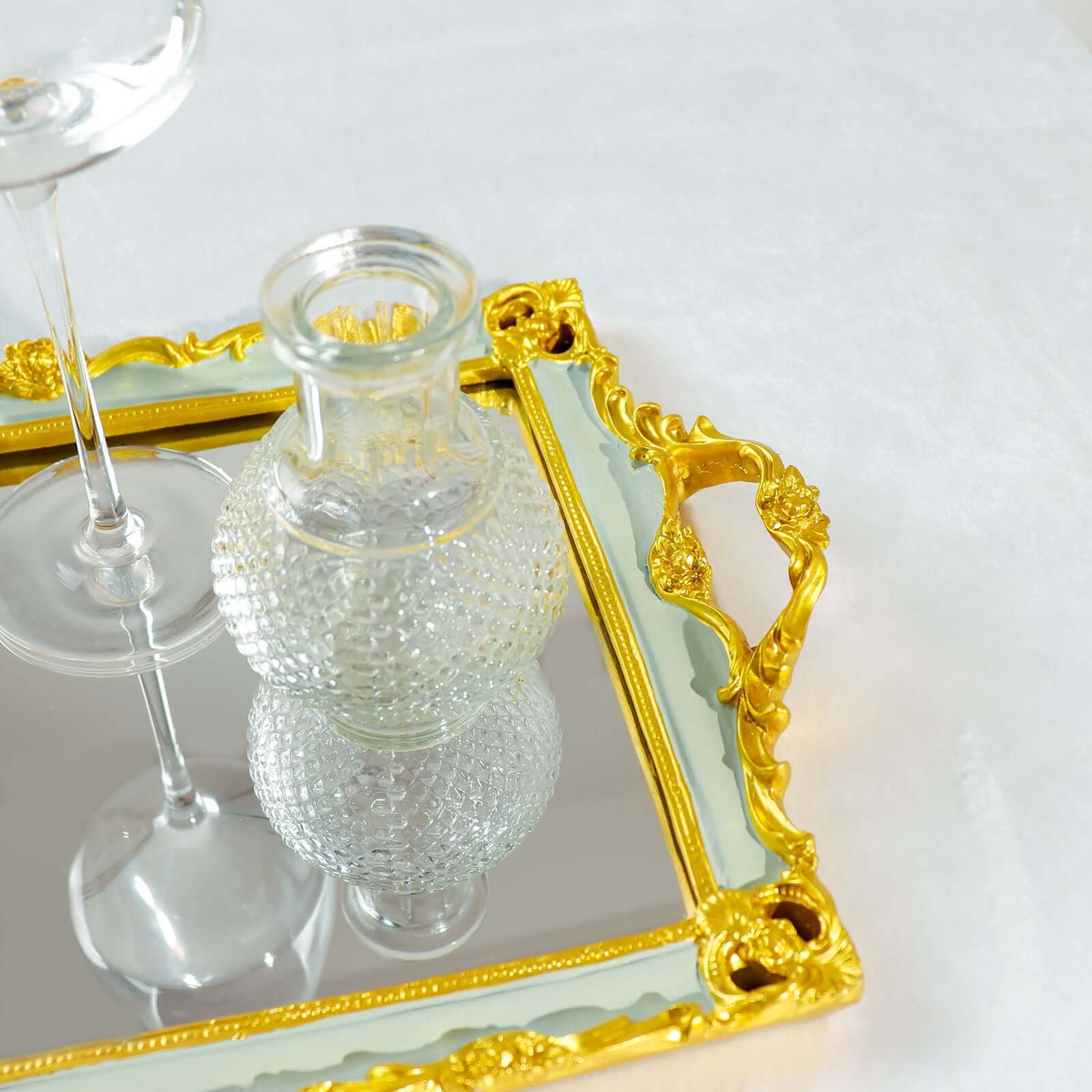 Resin Mirrored Rectangle Serving Tray 15"x10" in Mint Green with Gold Baroque Design, Stylish Decorative Vanity Tray Centerpiece