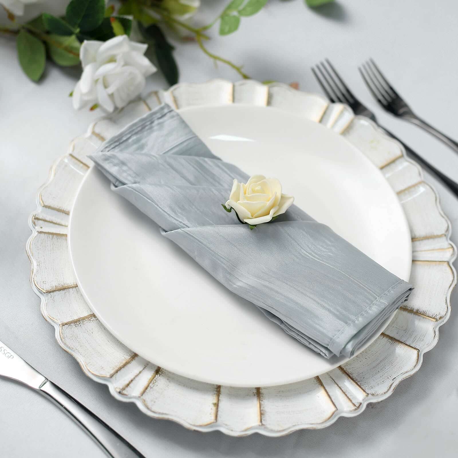 5 Pack Taffeta 20"x20" Napkins Silver - Accordion Crinkle Dinner Napkins
