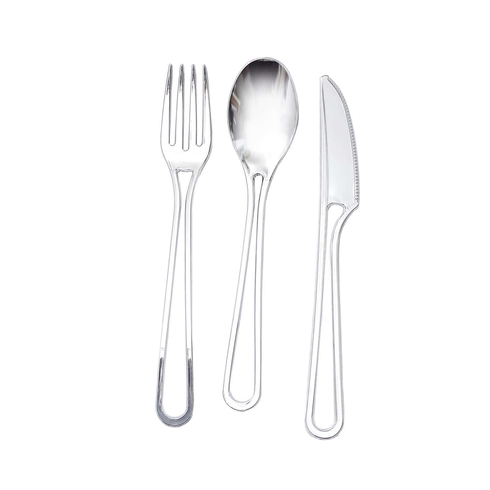 24-Pack Plastic Utensil Set with Modern Hollow Handle Design Silver - Disposable Silverware 7"
