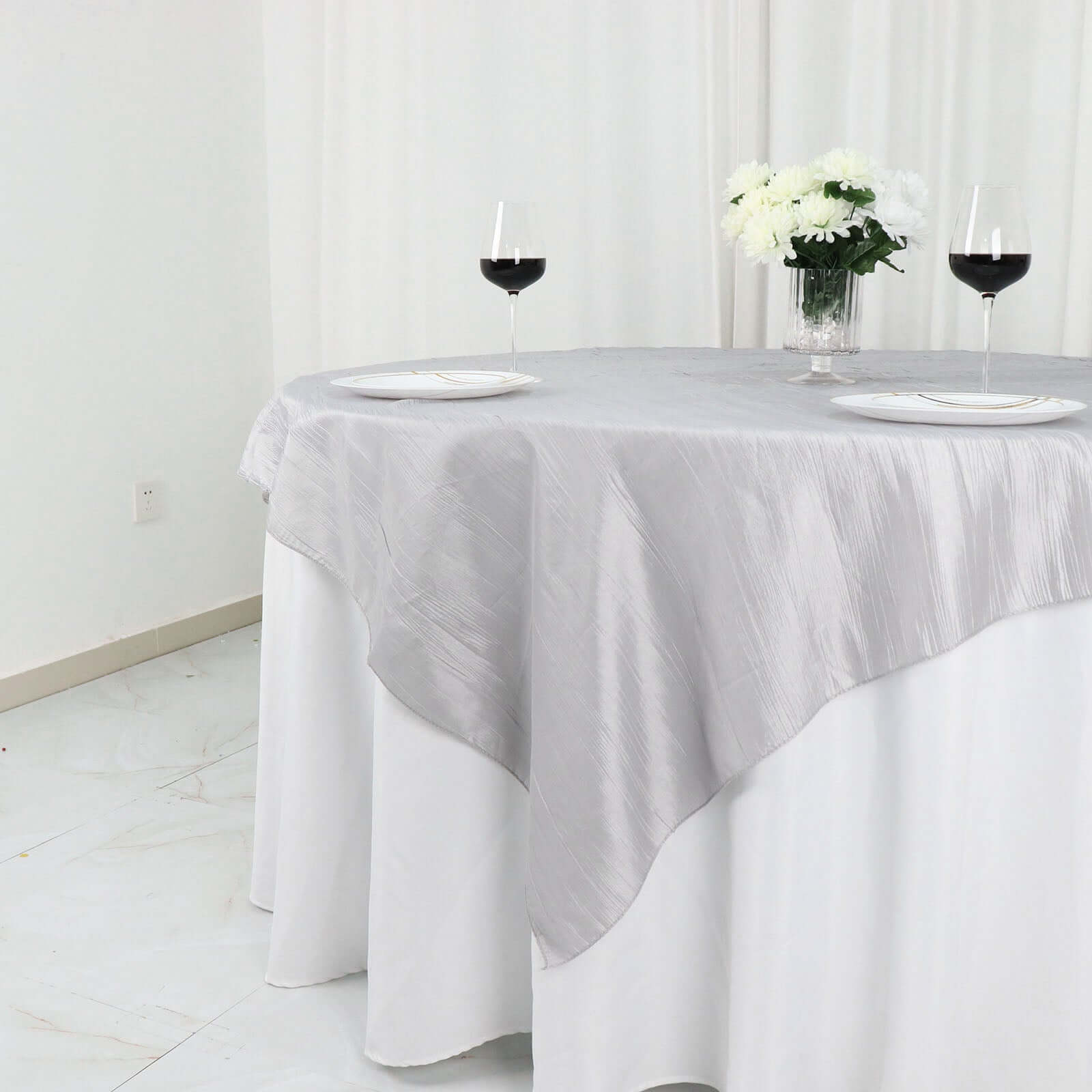 Taffeta 72"x72" Table Overlay Square Tablecloth Silver - Accordion Crinkle Table Cover