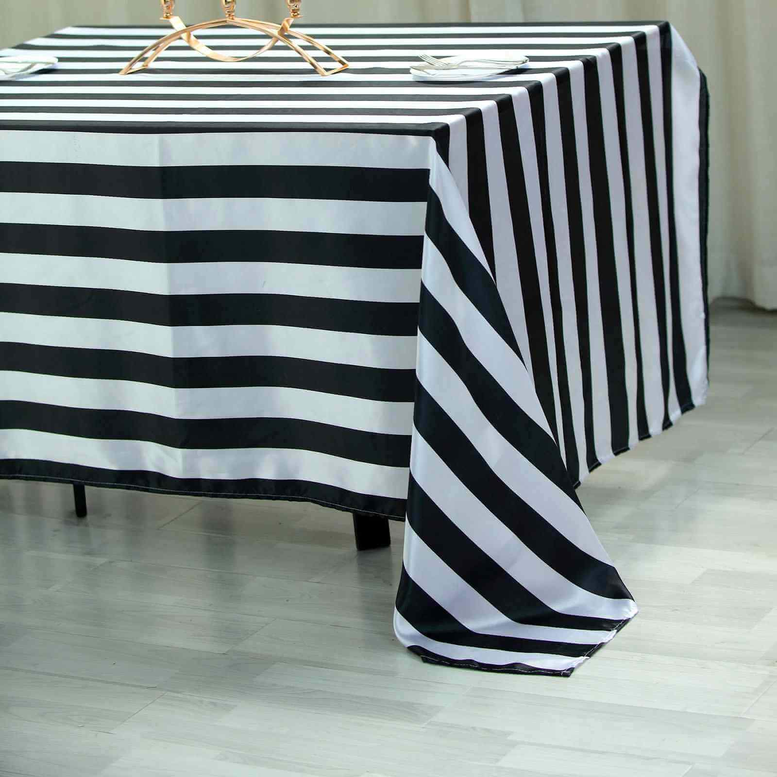 Satin 60"x102" Rectangle Tablecloth Black/White - Stripe Design with Stylish Smooth Finish Table Cover
