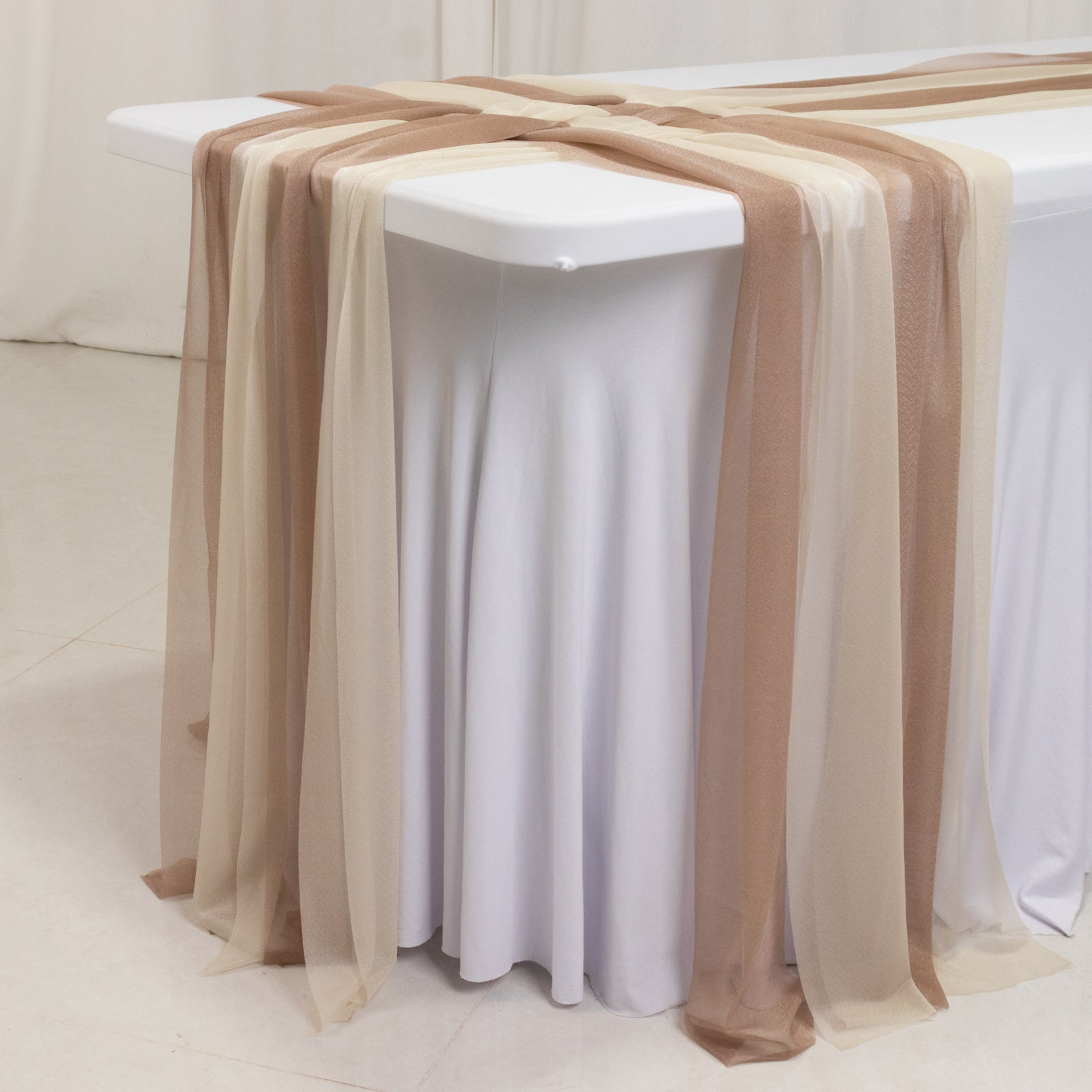20-Pack 9ft Sheer Table Runners – Taupe/Beige Shimmer Sheer Drapes, Wrinkle-Free