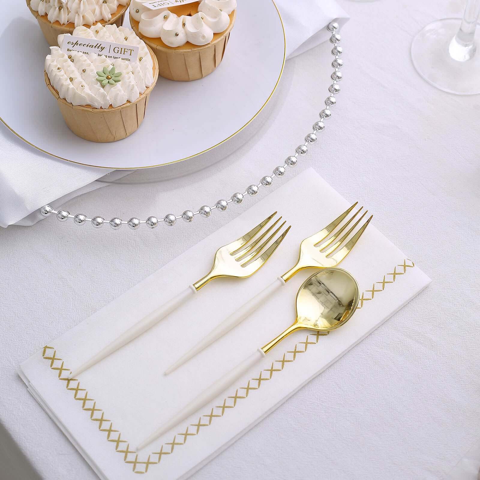24-Pack Plastic Fork and Spoon Set Gold/Ivory - Heavy Duty Disposable Modern Utensils 6"