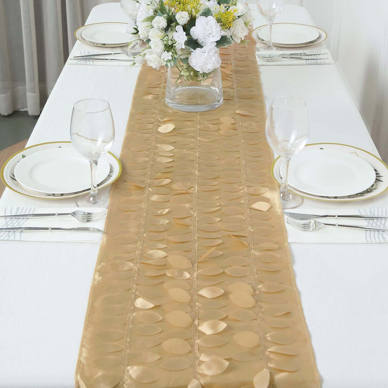 Taffeta Fabric 12"x108" Table Runner Champagne - 3D Leaf Petal Design