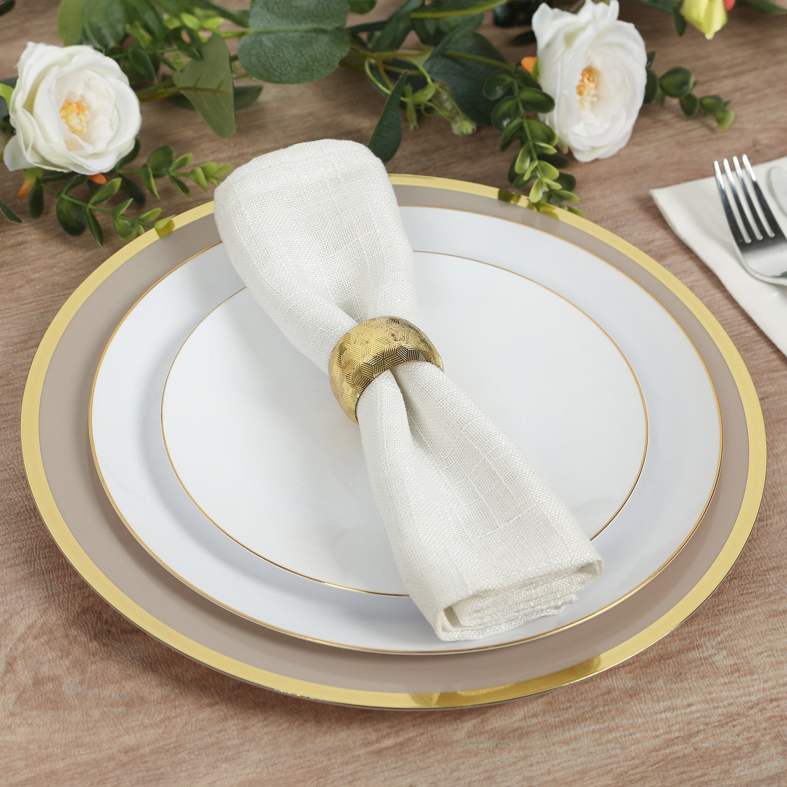 10 Pack Taupe Economy Plastic Charger Plates With Gold Rim, 12" Round Dinner Chargers Event Tabletop Decor